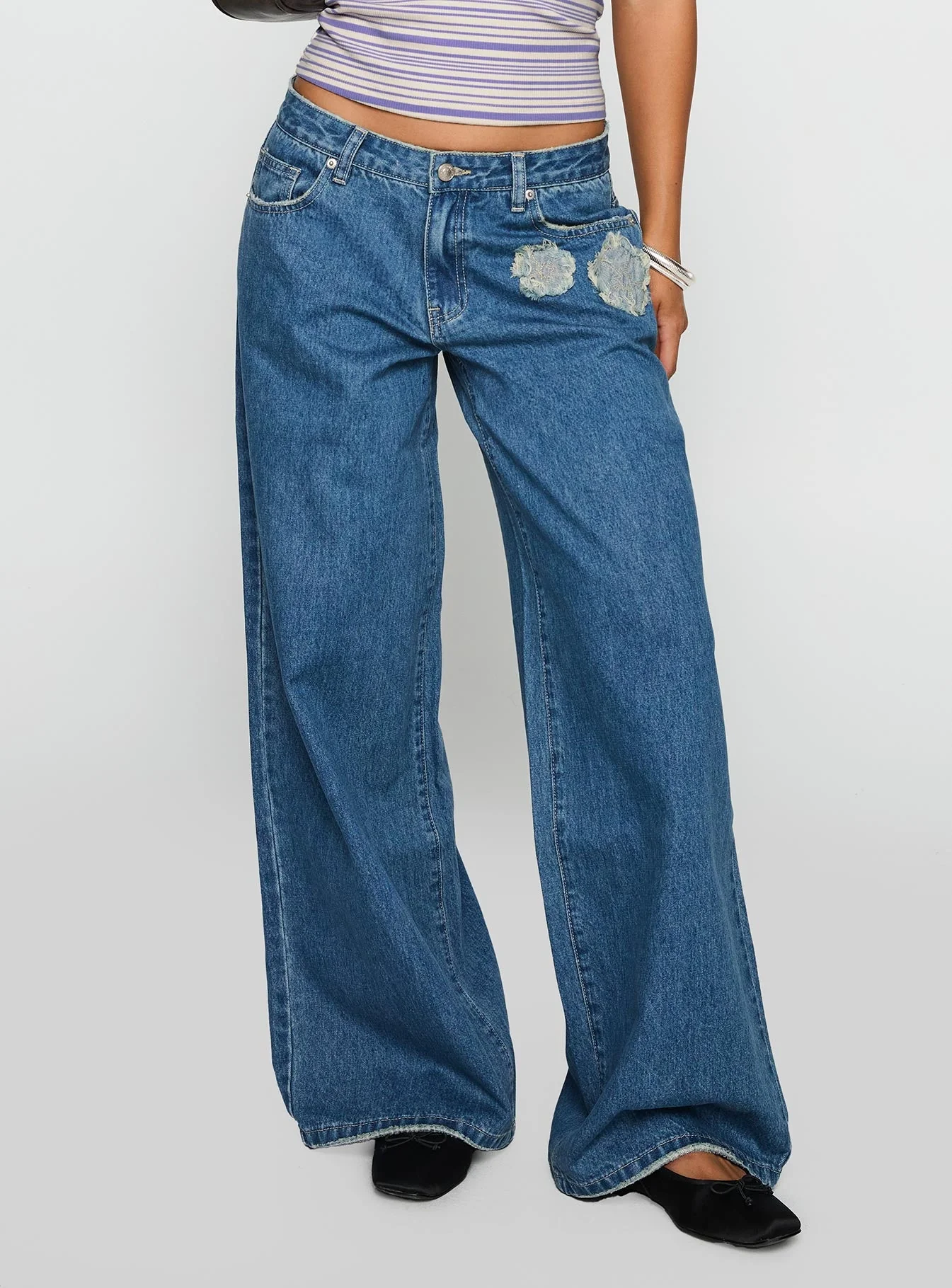 A Keeper Flower Patch Low Rise Wide Leg Jeans Mid Blue - Image 2