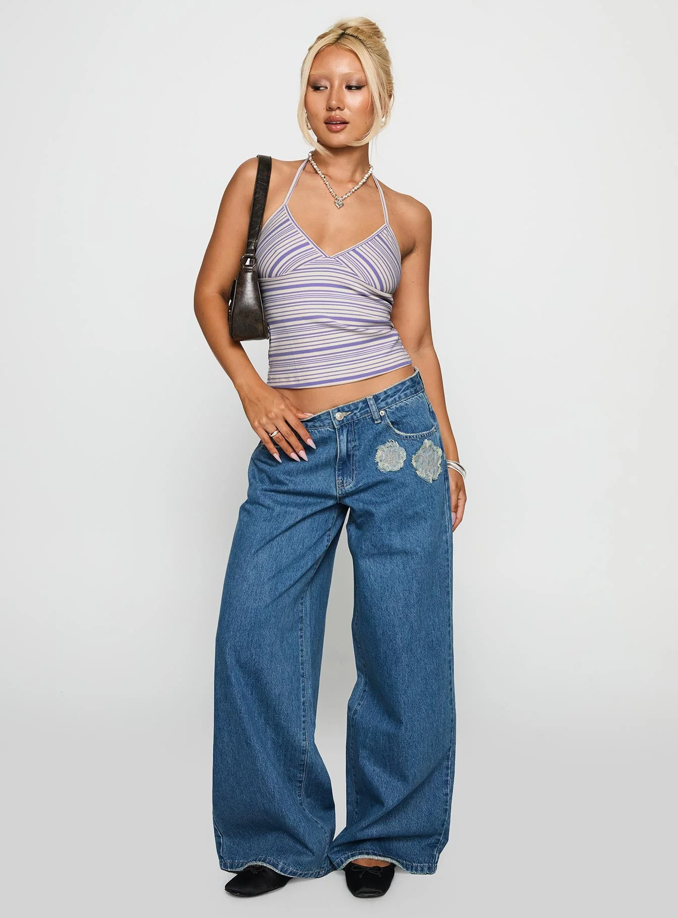A Keeper Flower Patch Low Rise Wide Leg Jeans Mid Blue - Image 3