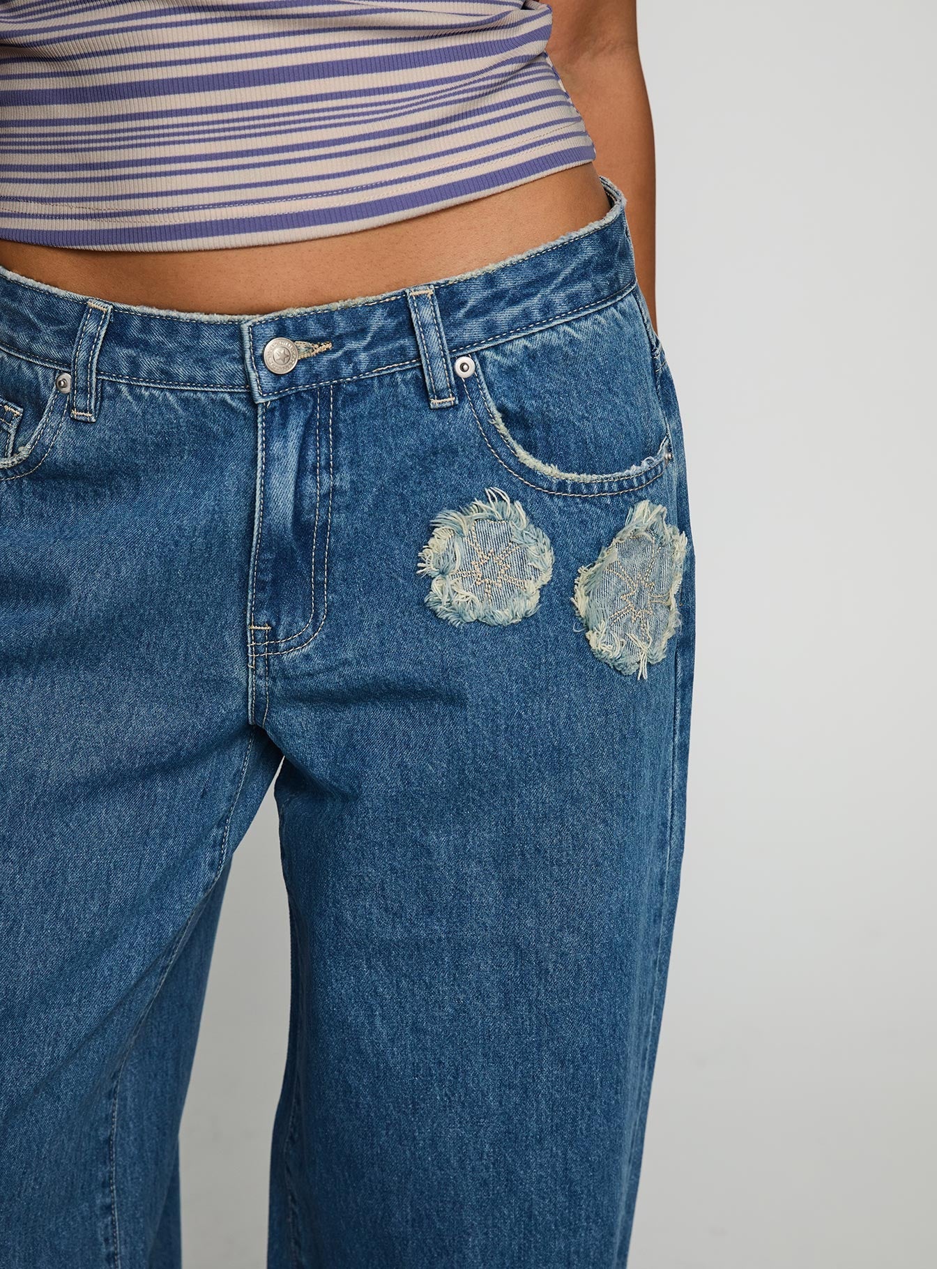 A Keeper Flower Patch Low Rise Wide Leg Jeans Mid Blue - Image 6