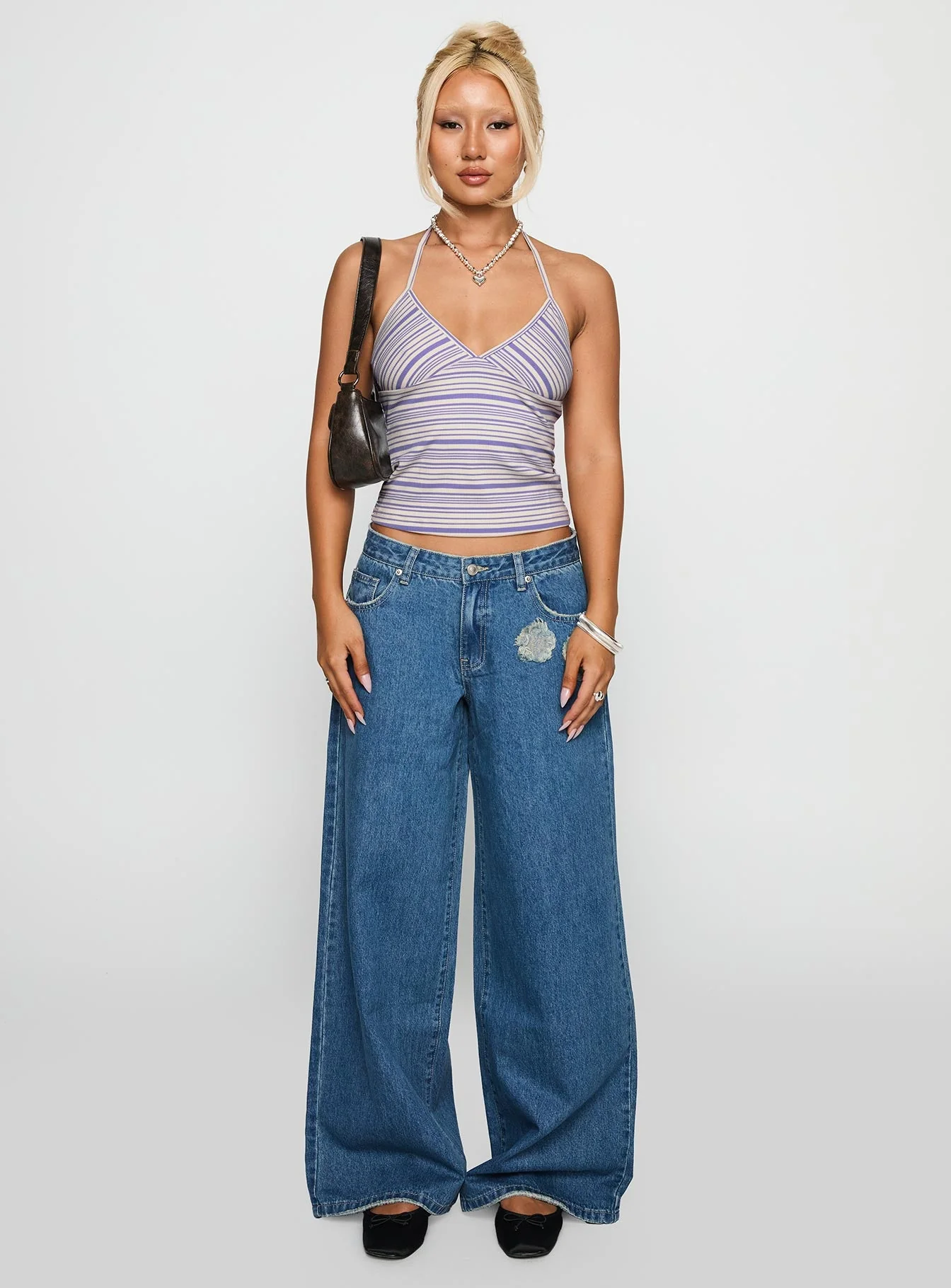 A Keeper Flower Patch Low Rise Wide Leg Jeans Mid Blue - Image 7