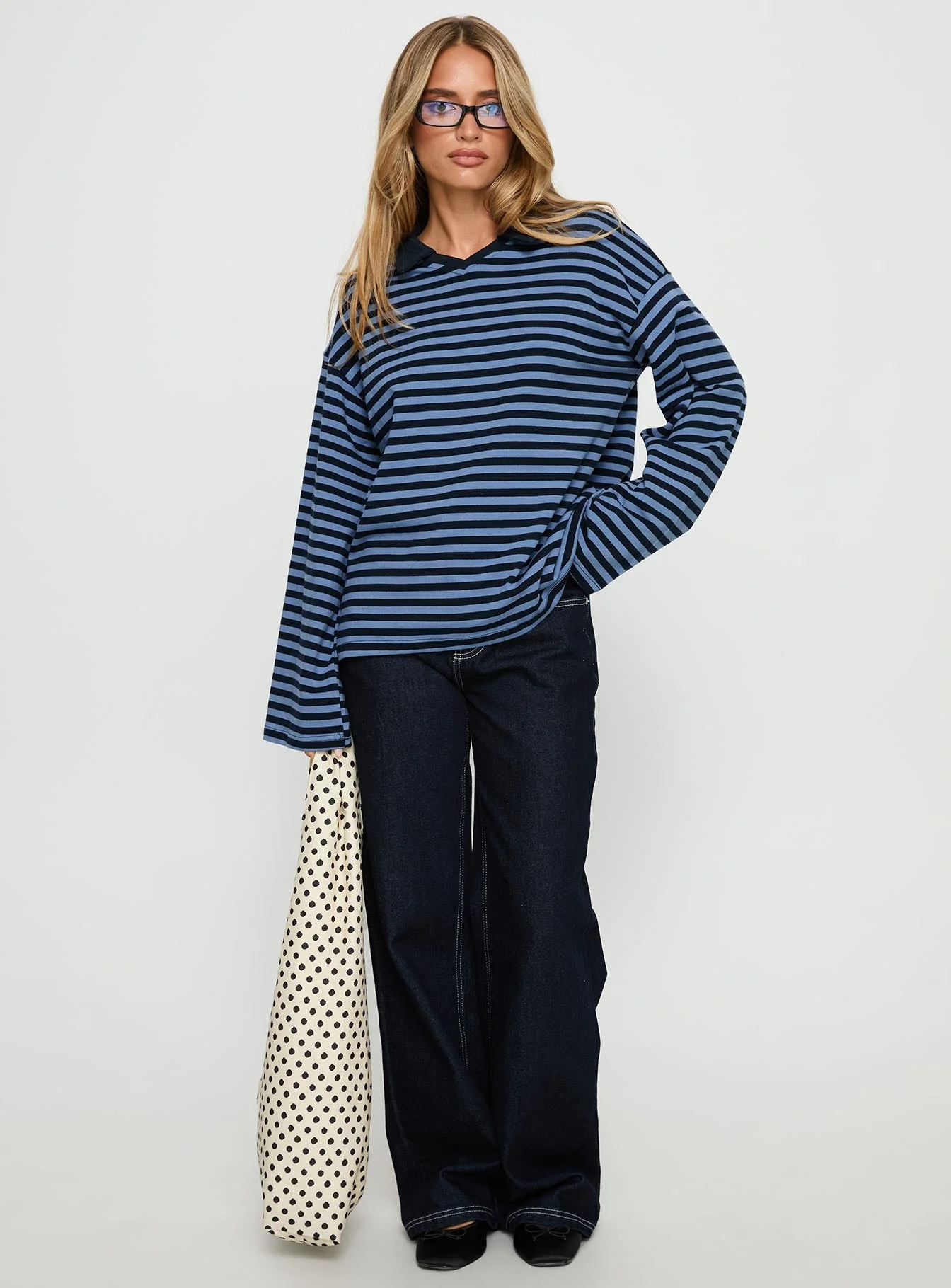 Settle Down Collared Long Sleeve Top Navy Stripe - Image 3