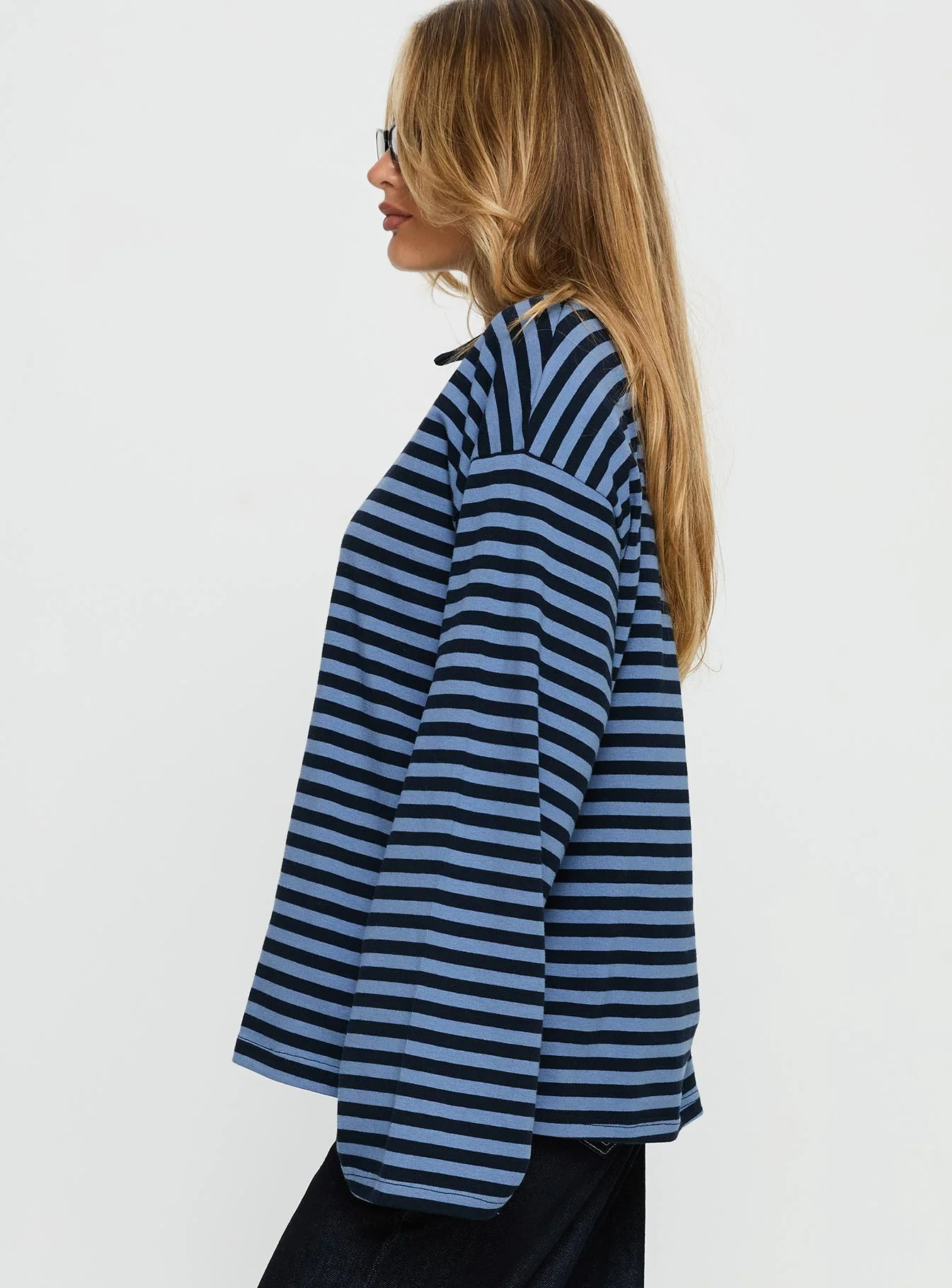 Settle Down Collared Long Sleeve Top Navy Stripe - Image 4