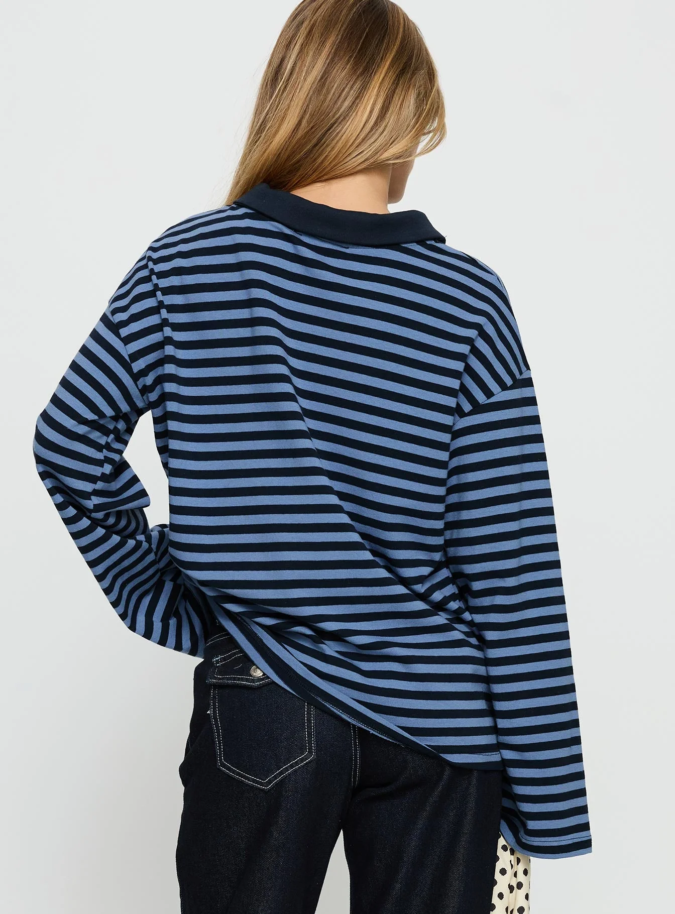 Settle Down Collared Long Sleeve Top Navy Stripe - Image 5