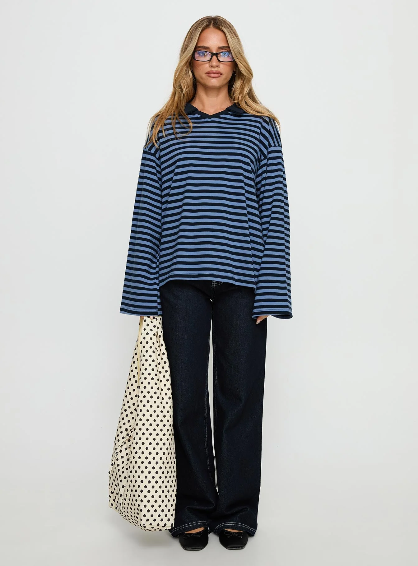Settle Down Collared Long Sleeve Top Navy Stripe - Image 7