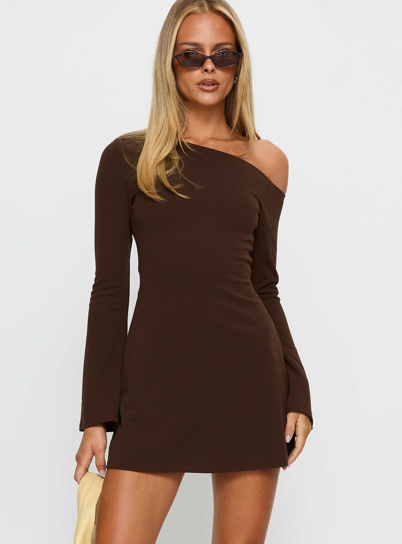Adrietta Long Sleeve Off Shoulder Knit Mini Dress Brown - Image 2