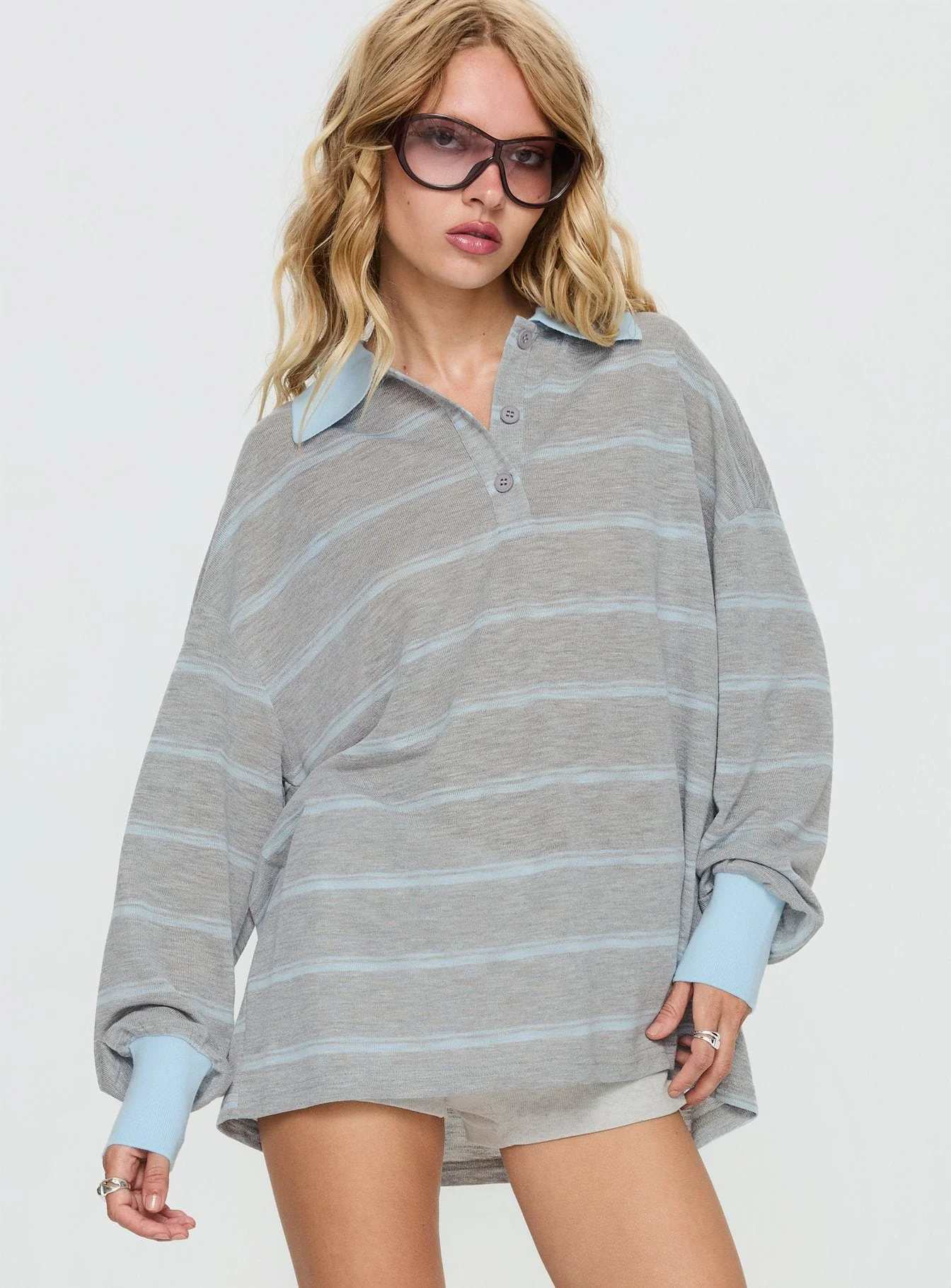 Aleka Long Sleeve Rugby Jersey Grey / Blue Stripe - Image 2