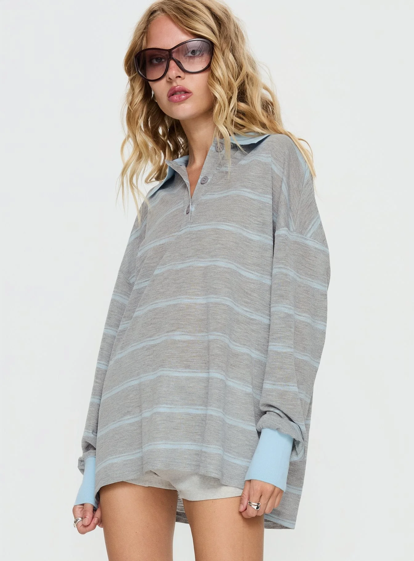Aleka Long Sleeve Rugby Jersey Grey / Blue Stripe - Image 4