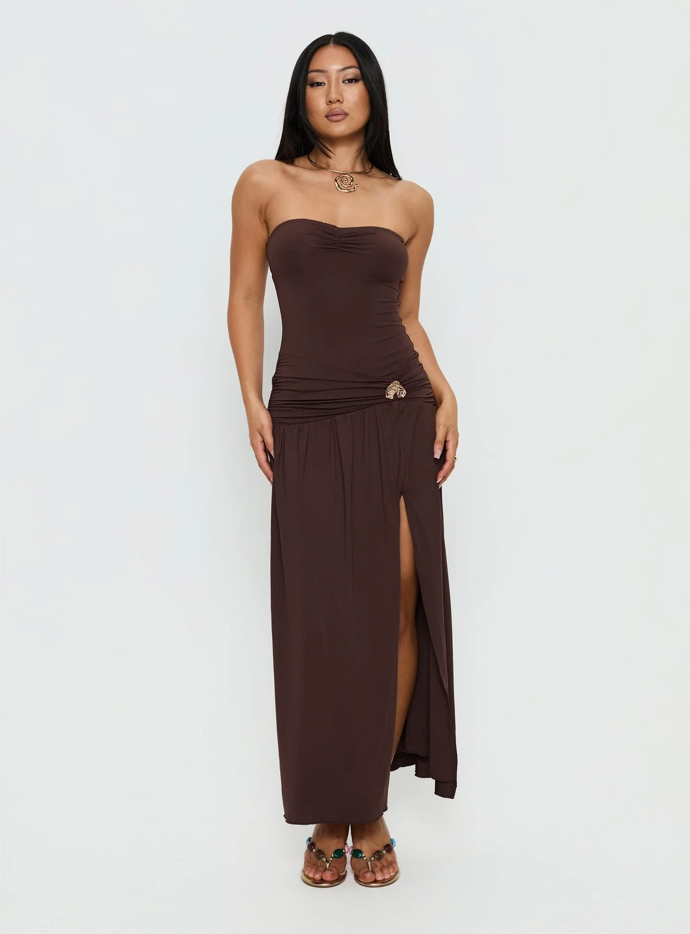 Alexe Strapless Ruched Maxi Dress Chocolate - Image 3