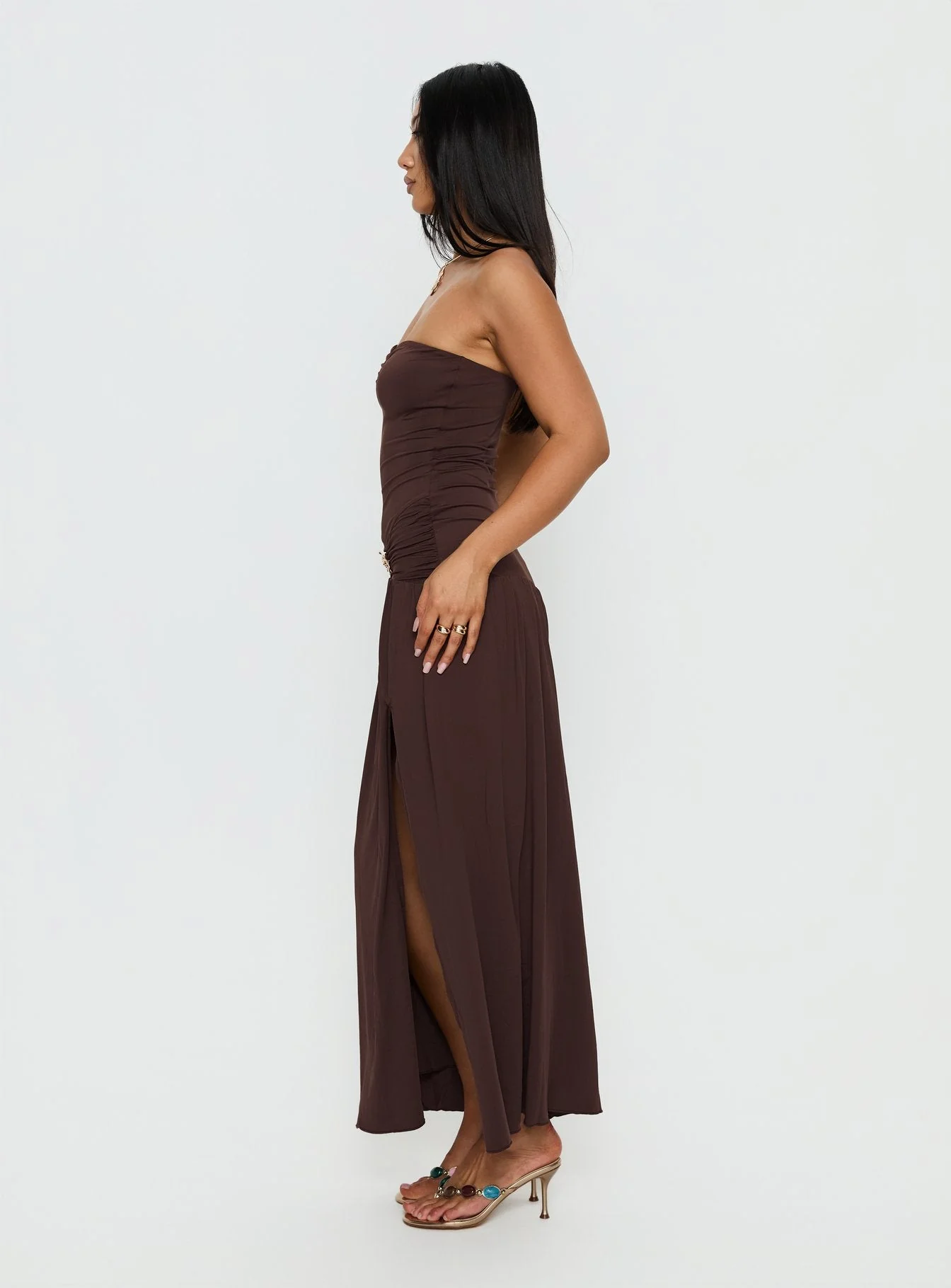 Alexe Strapless Ruched Maxi Dress Chocolate - Image 4