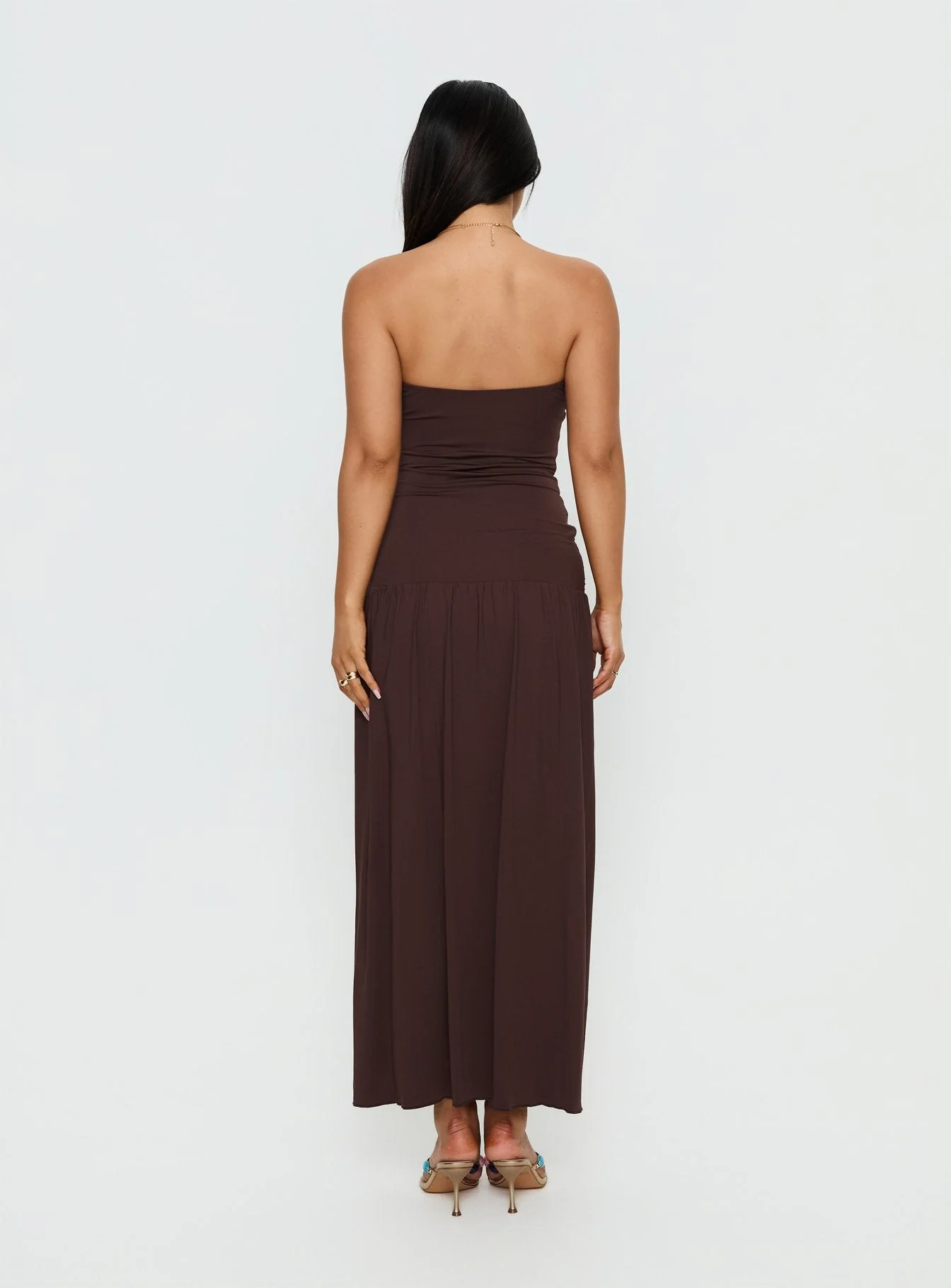 Alexe Strapless Ruched Maxi Dress Chocolate - Image 5