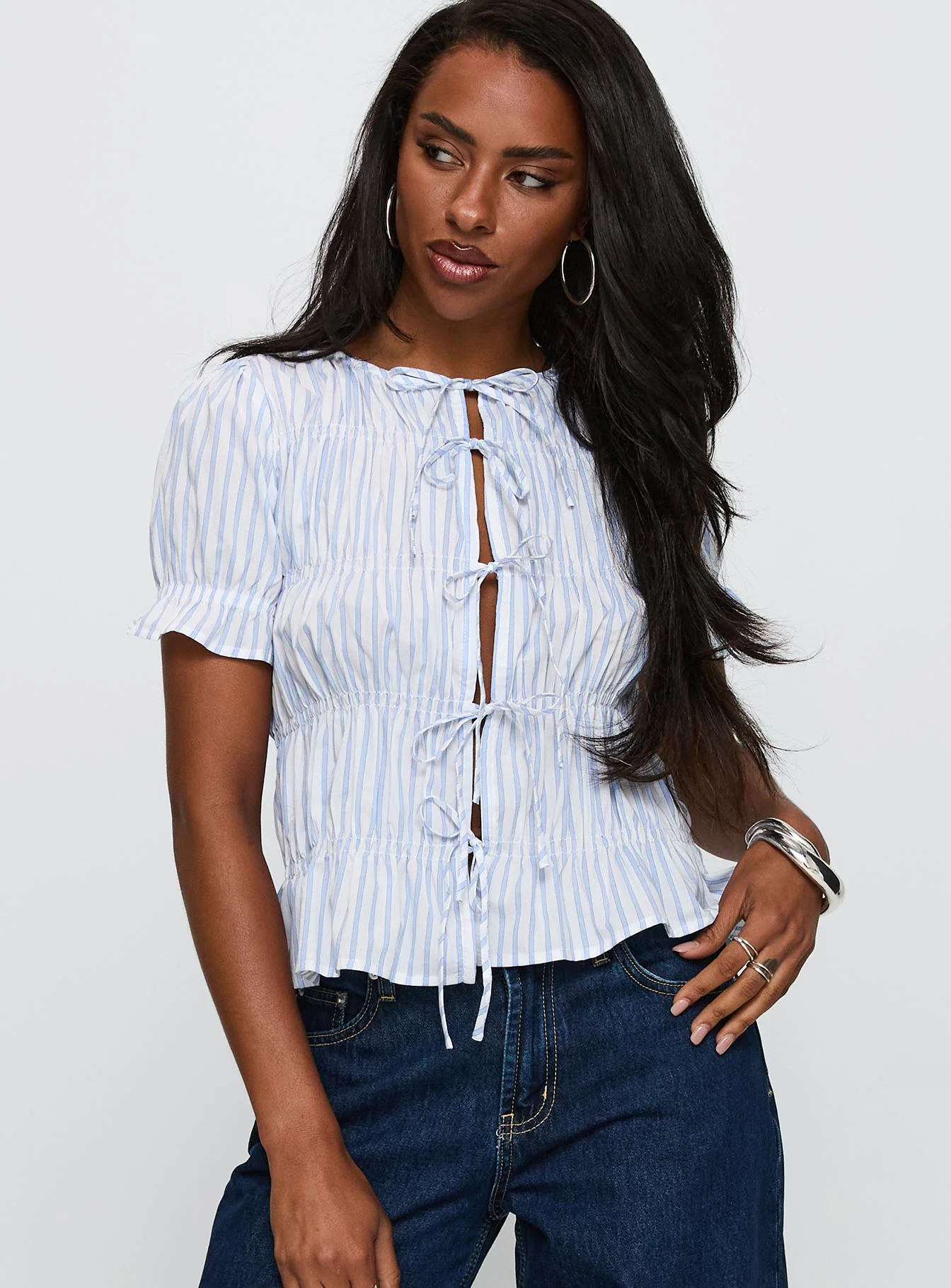 Alistair Bow Tie Top Blue / White Stripe - Image 2