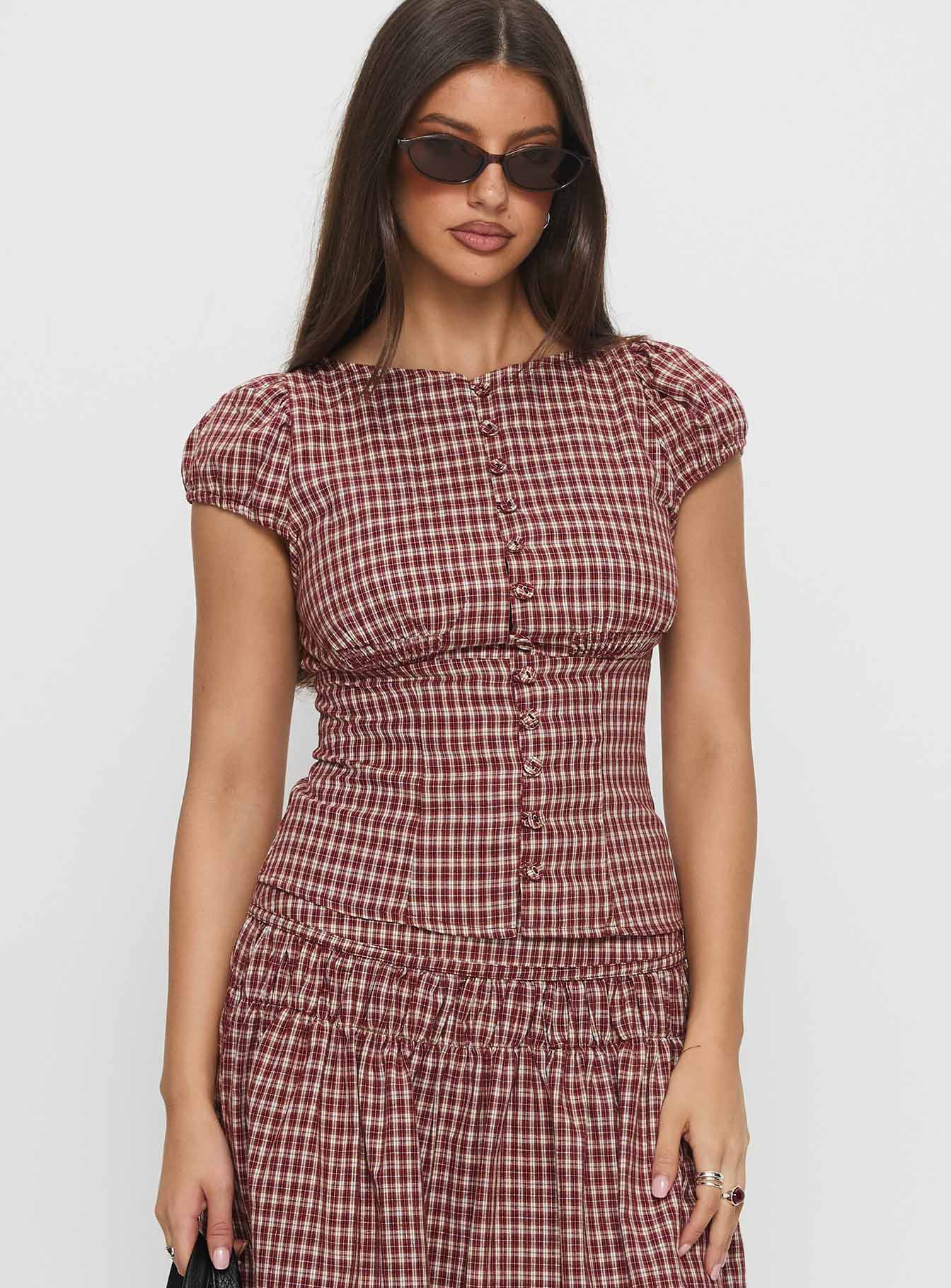 Alixandra Puff Sleeve Blouse Top Red Check - Image 2