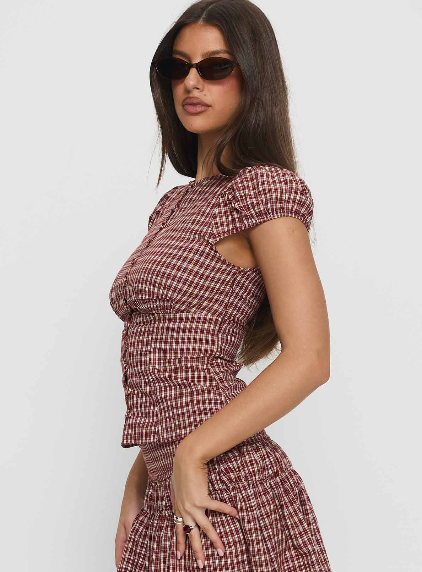 Alixandra Puff Sleeve Blouse Top Red Check - Image 4