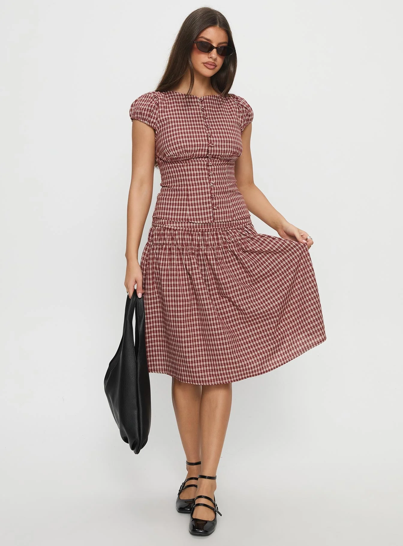 Alixandra Ruched Midi Skirt Red Check - Image 3