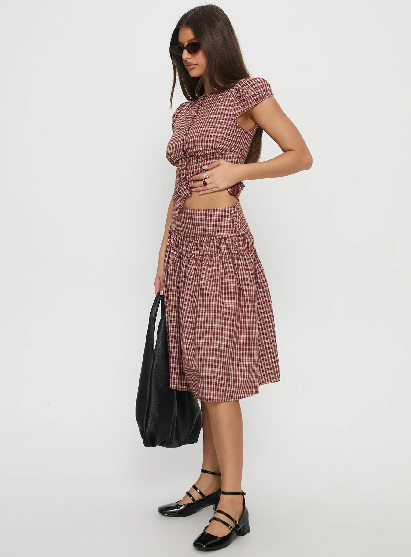 Alixandra Ruched Midi Skirt Red Check - Image 4