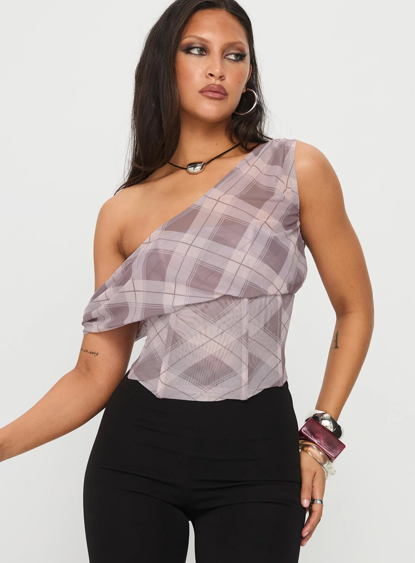 Amabelle Corset Draped Top Multi Plaid - Image 2