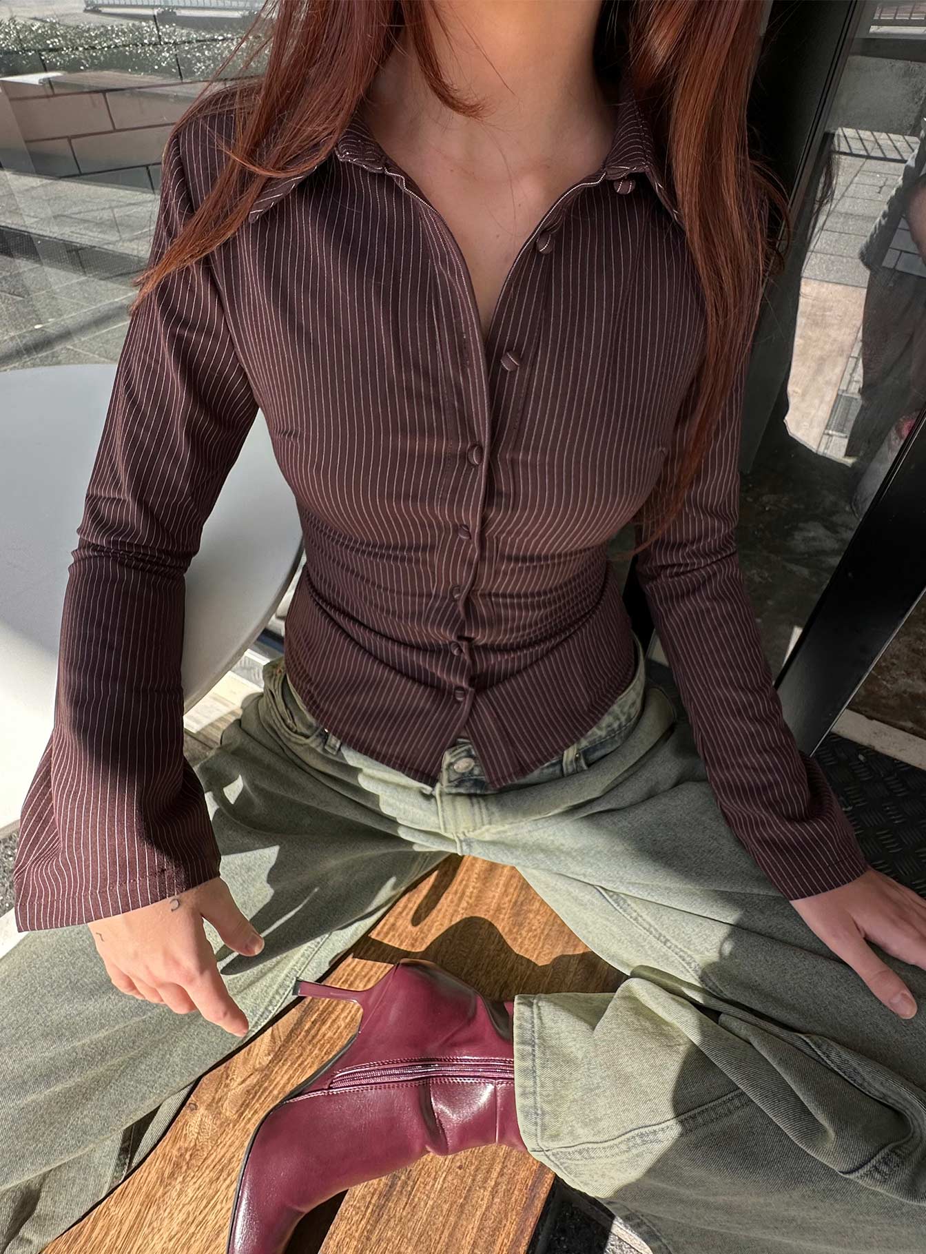 Anni Pinstripe Shirt Brown Petite - Image 9