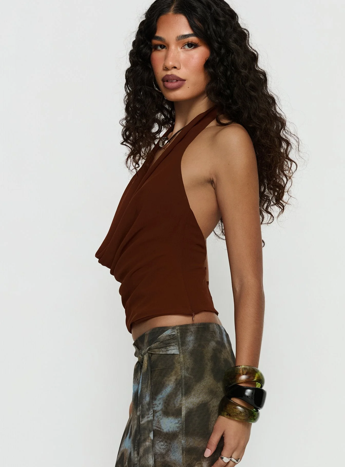 Annina Plunge Neck Backless Halter Top Chocolate - Image 4