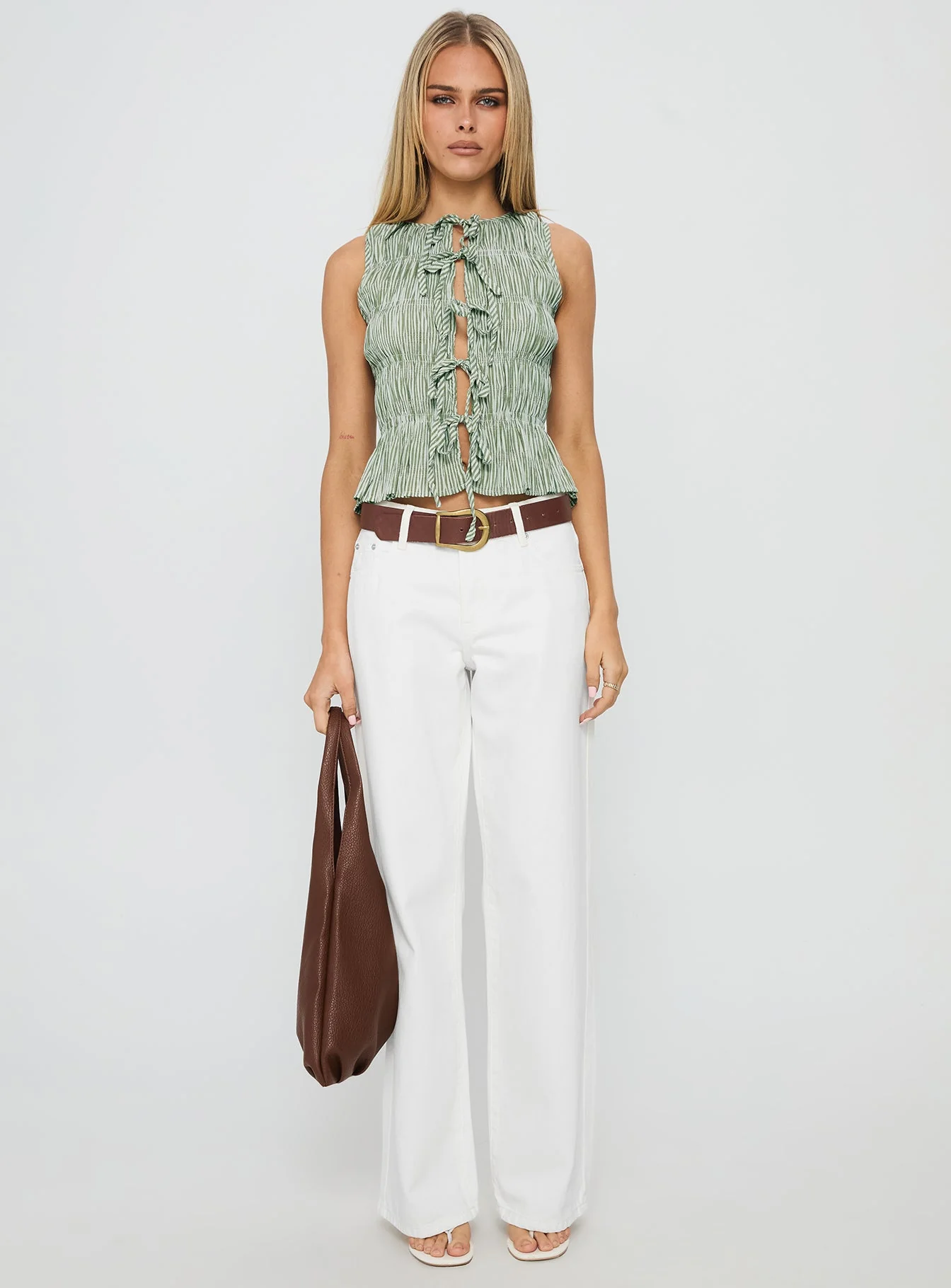 Apero Shirred Tie Front Top Green / White Stripe - Image 7