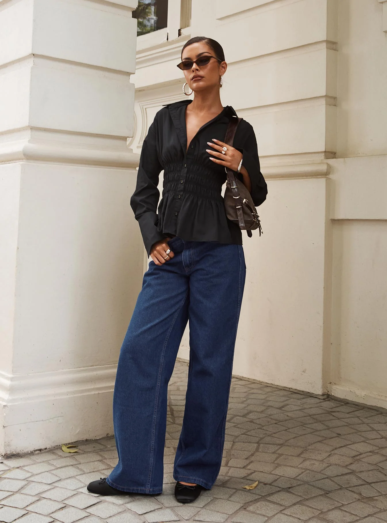 As You Are Shirred Button Up Top Black - Image 3
