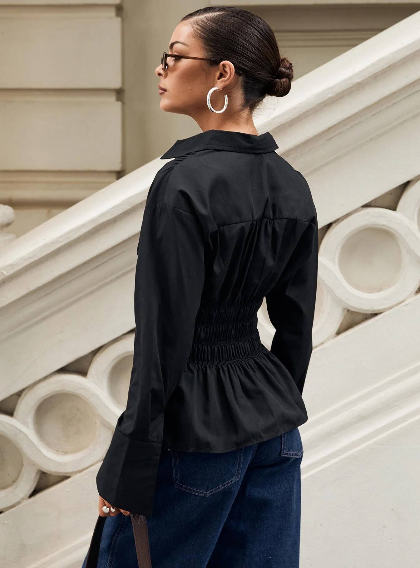 As You Are Shirred Button Up Top Black - Image 4