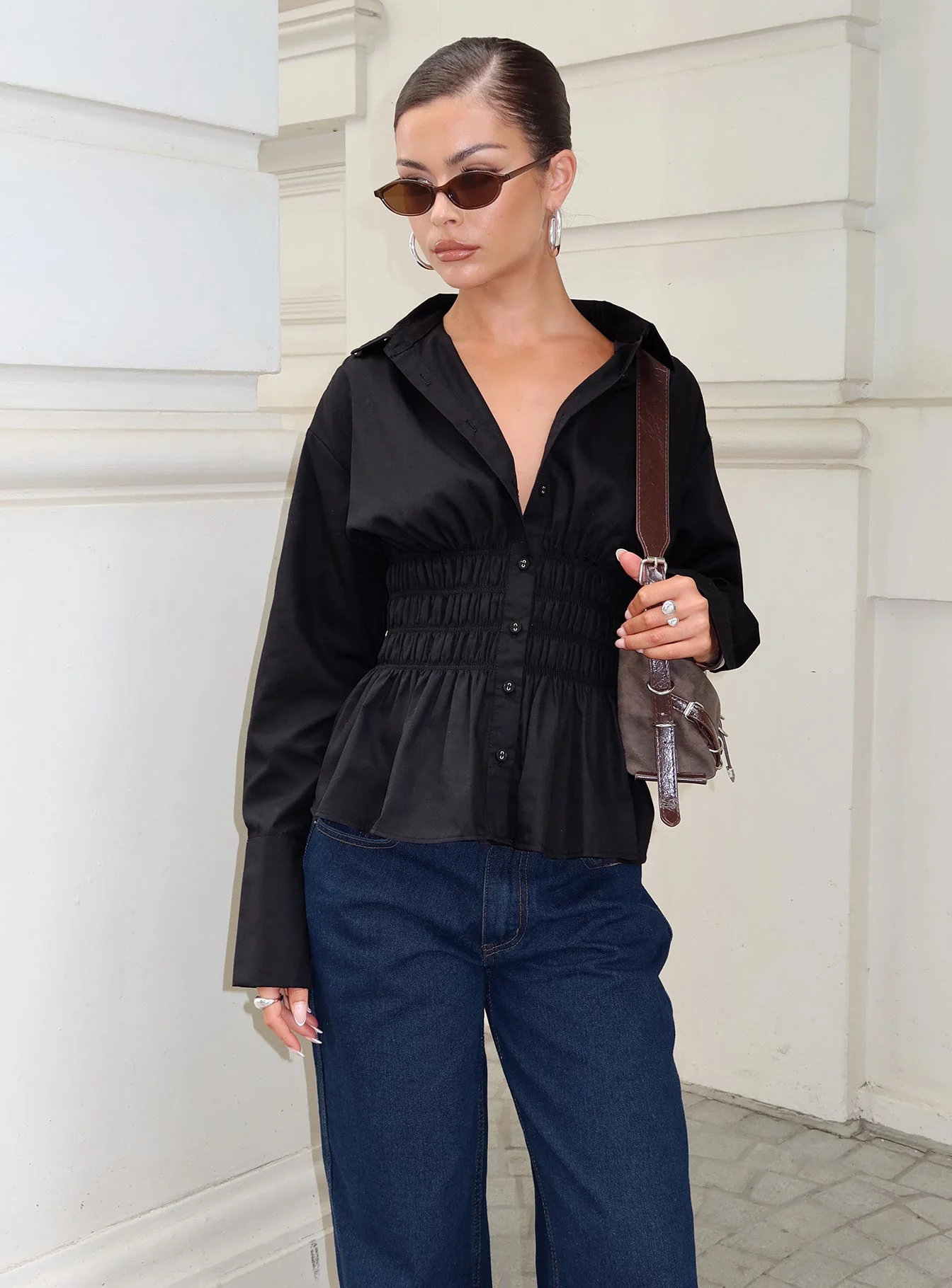 As You Are Shirred Button Up Top Black - Image 5