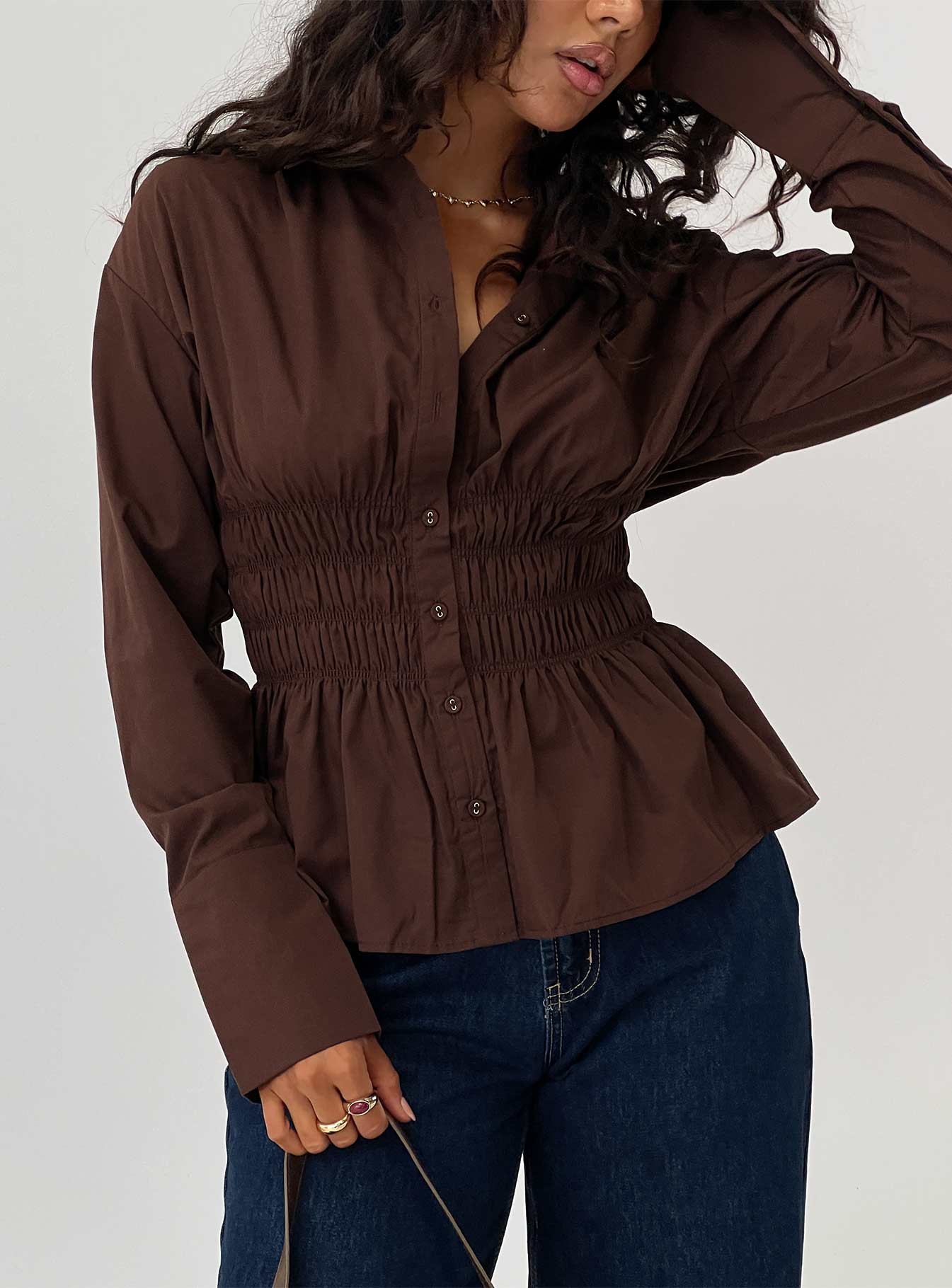 As You Are Shirred Button Up Top Chocolate
