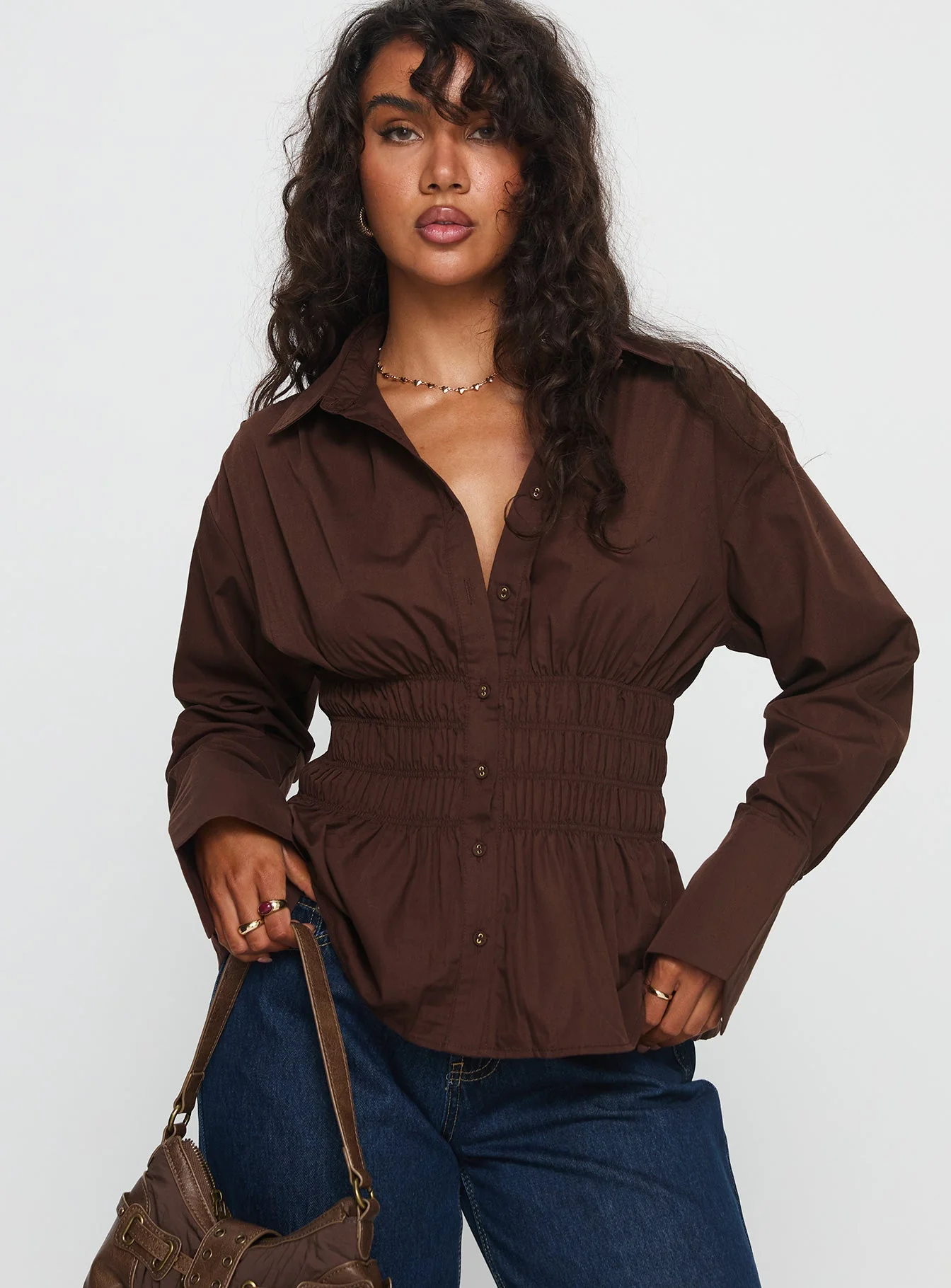 As You Are Shirred Button Up Top Chocolate - Image 2