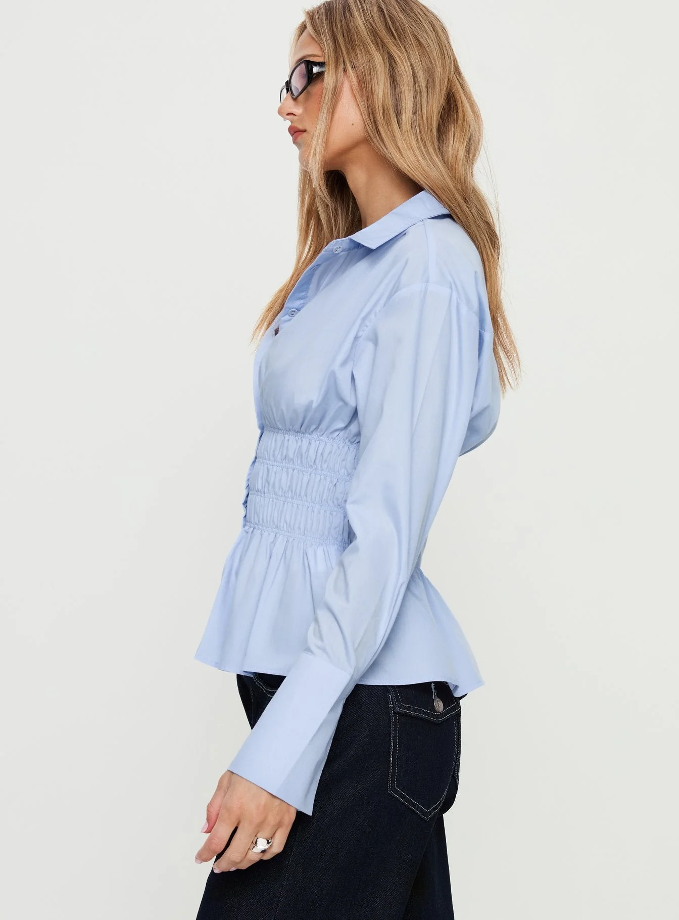 As You Are Shirred Button Up Top Soft Blue - Image 4