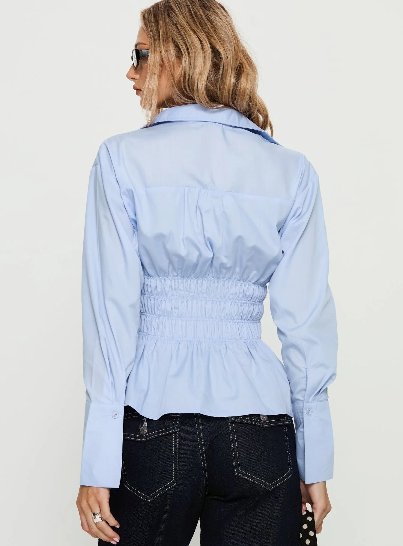 As You Are Shirred Button Up Top Soft Blue - Image 5