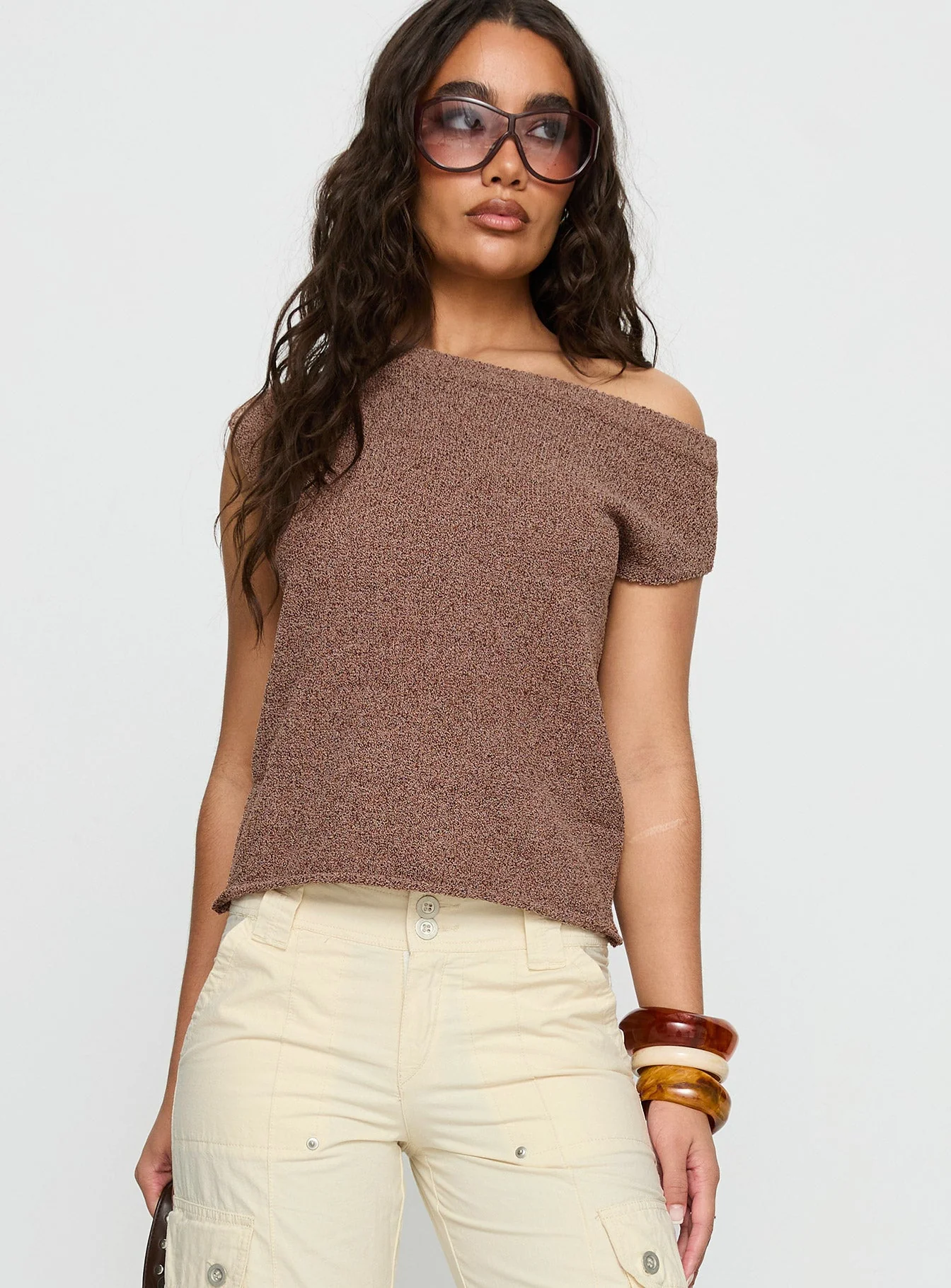 Ashfield Off Shoulder Top Brown - Image 2
