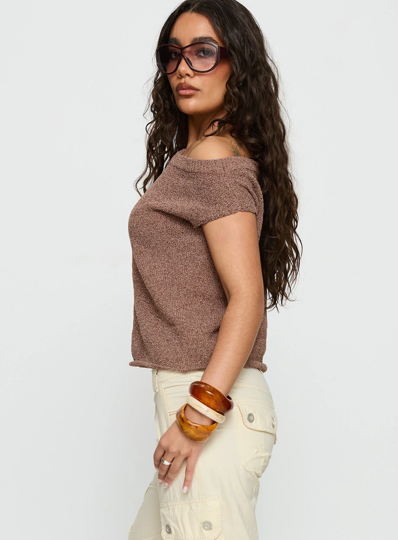 Ashfield Off Shoulder Top Brown - Image 4