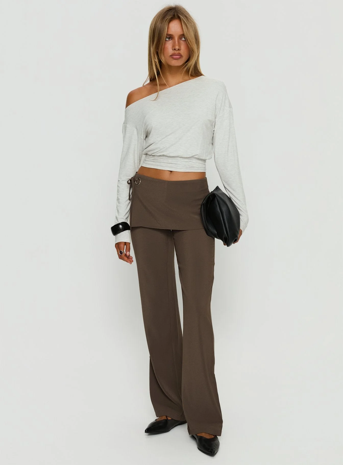 Ashlinn Off Shoulder Long Sleeve Drapey Top Grey Marle - Image 3
