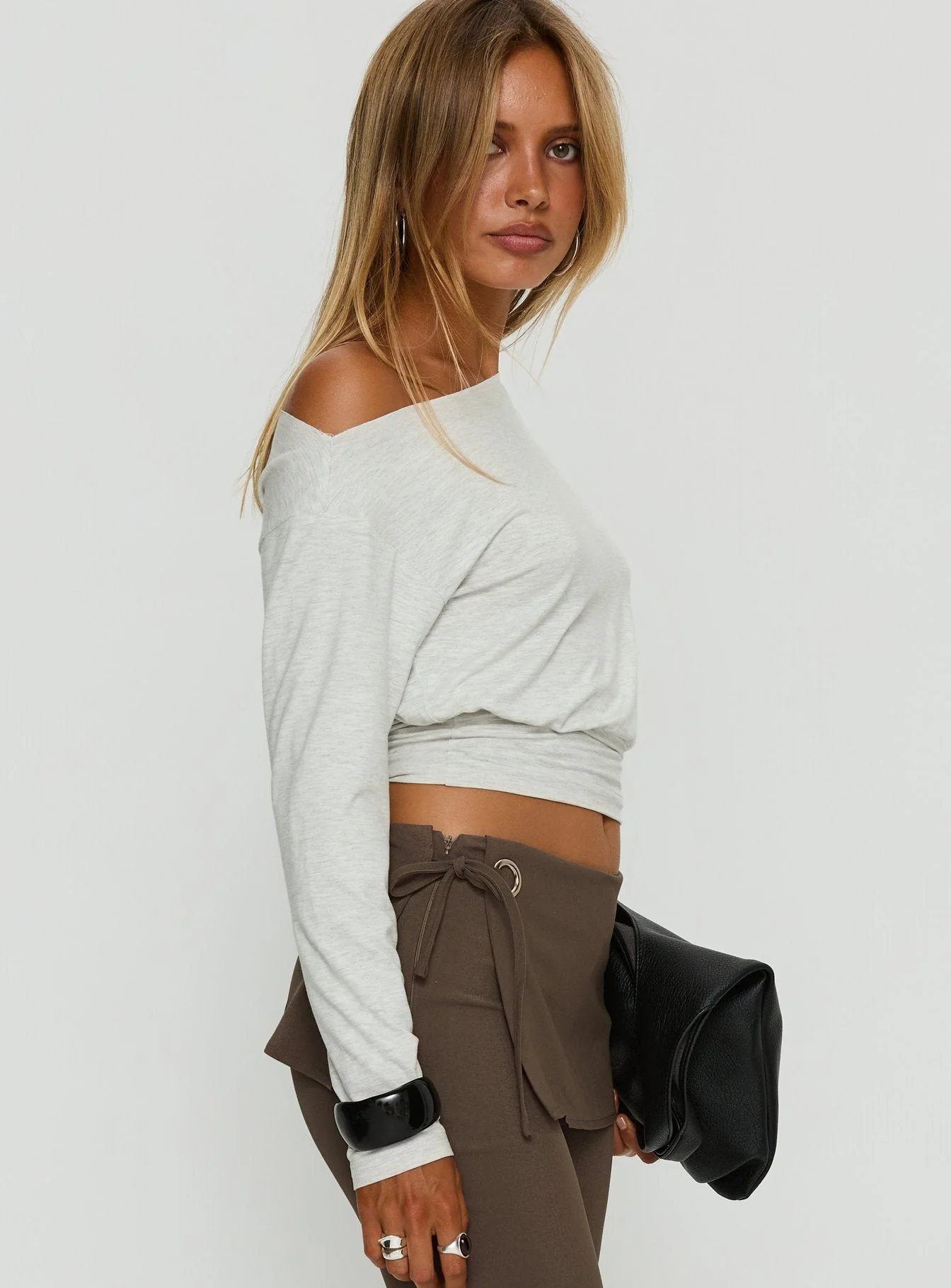 Ashlinn Off Shoulder Long Sleeve Drapey Top Grey Marle - Image 4