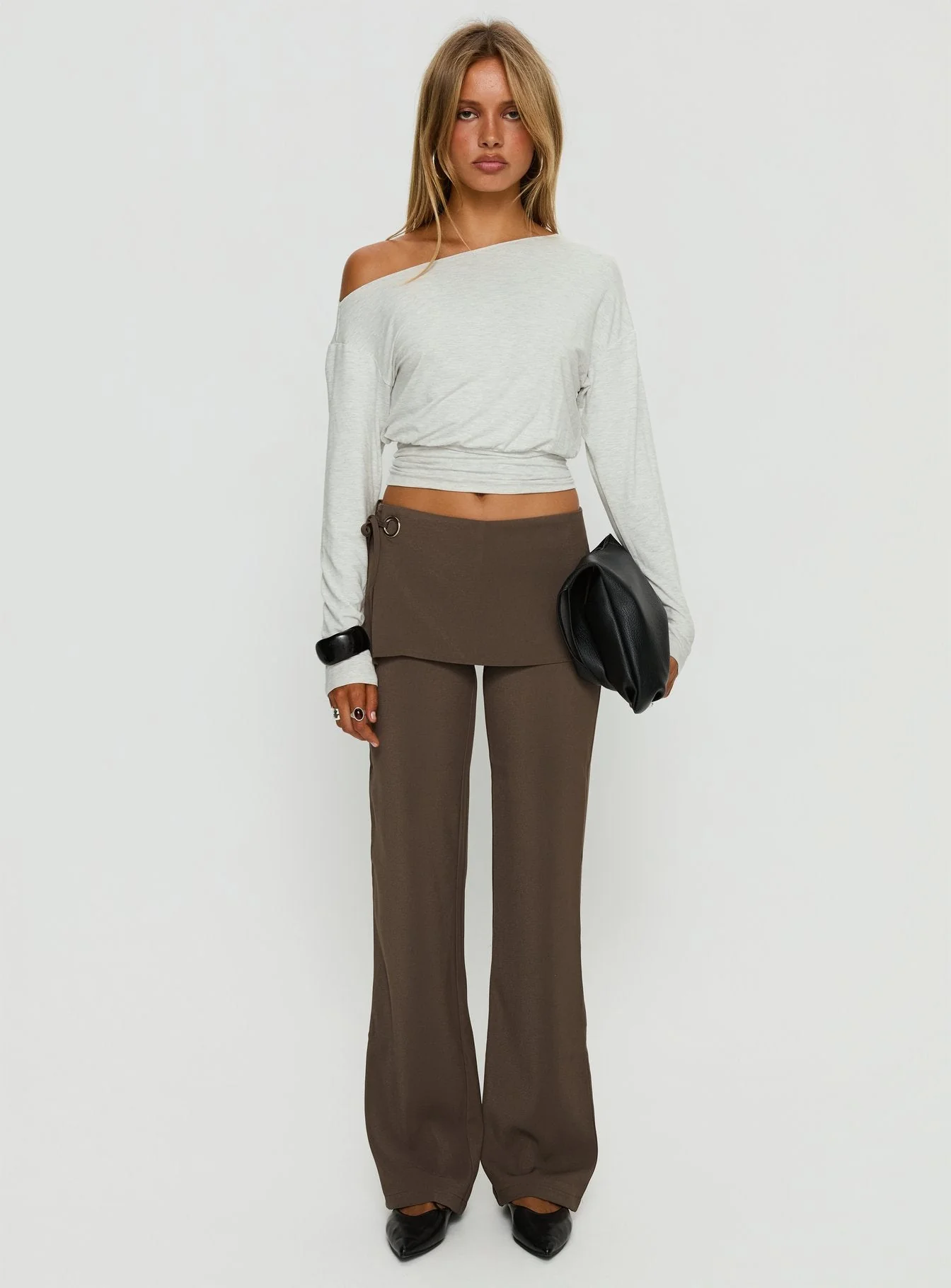 Ashlinn Off Shoulder Long Sleeve Drapey Top Grey Marle - Image 7