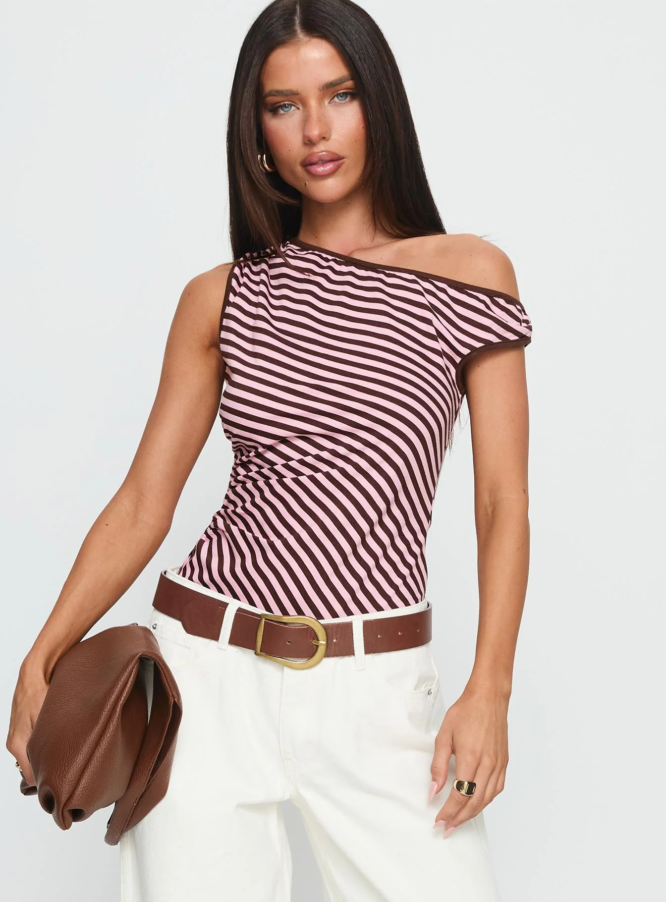 Ayviana One Shoulder Bodysuit Pink / Brown Stripe
