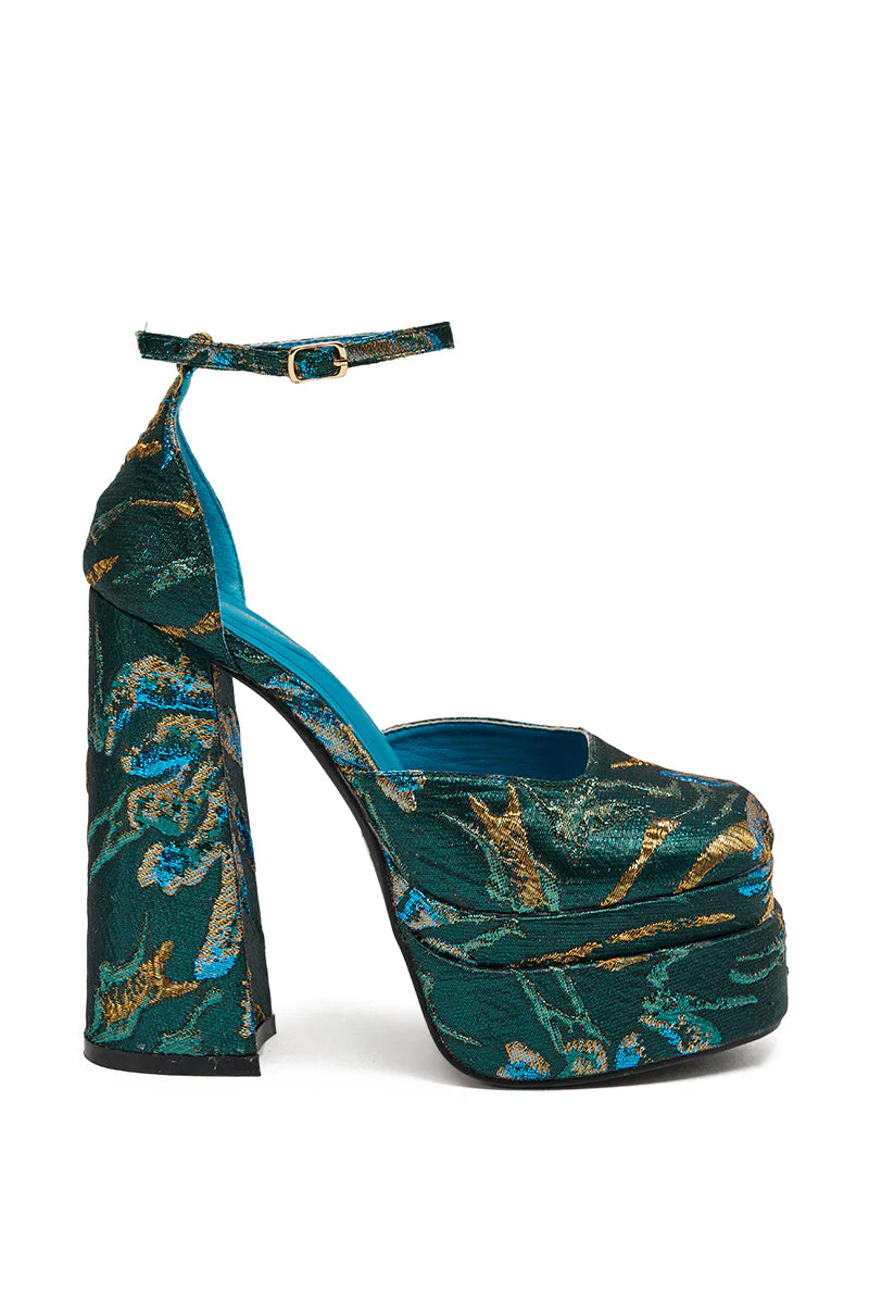 AZALEA WANG ZIPPHORA BLUE BROCADE CHUNKY PUMP - Image 4
