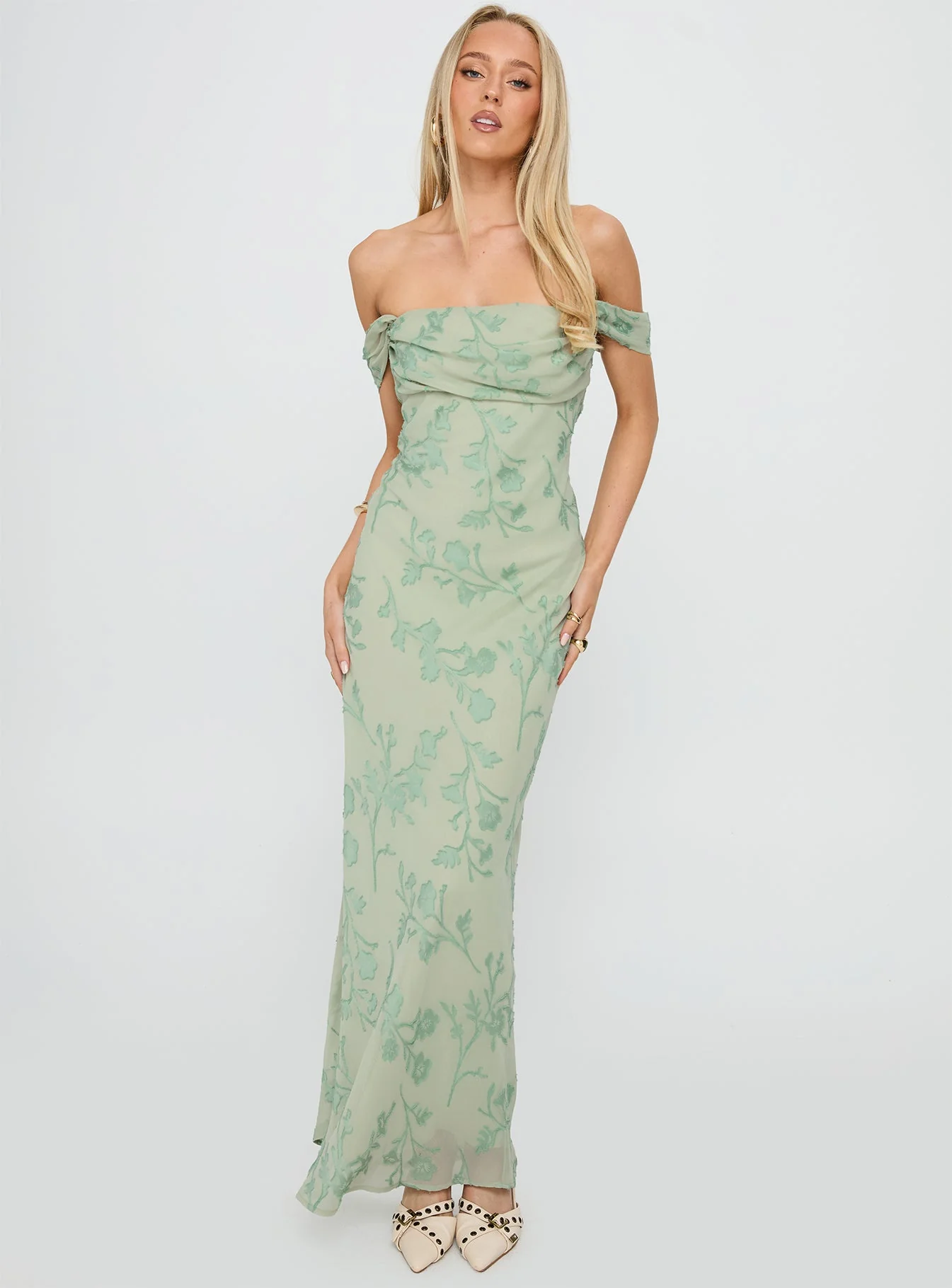 Azura Off The Shoulder Maxi Dress Green Burnout - Image 3