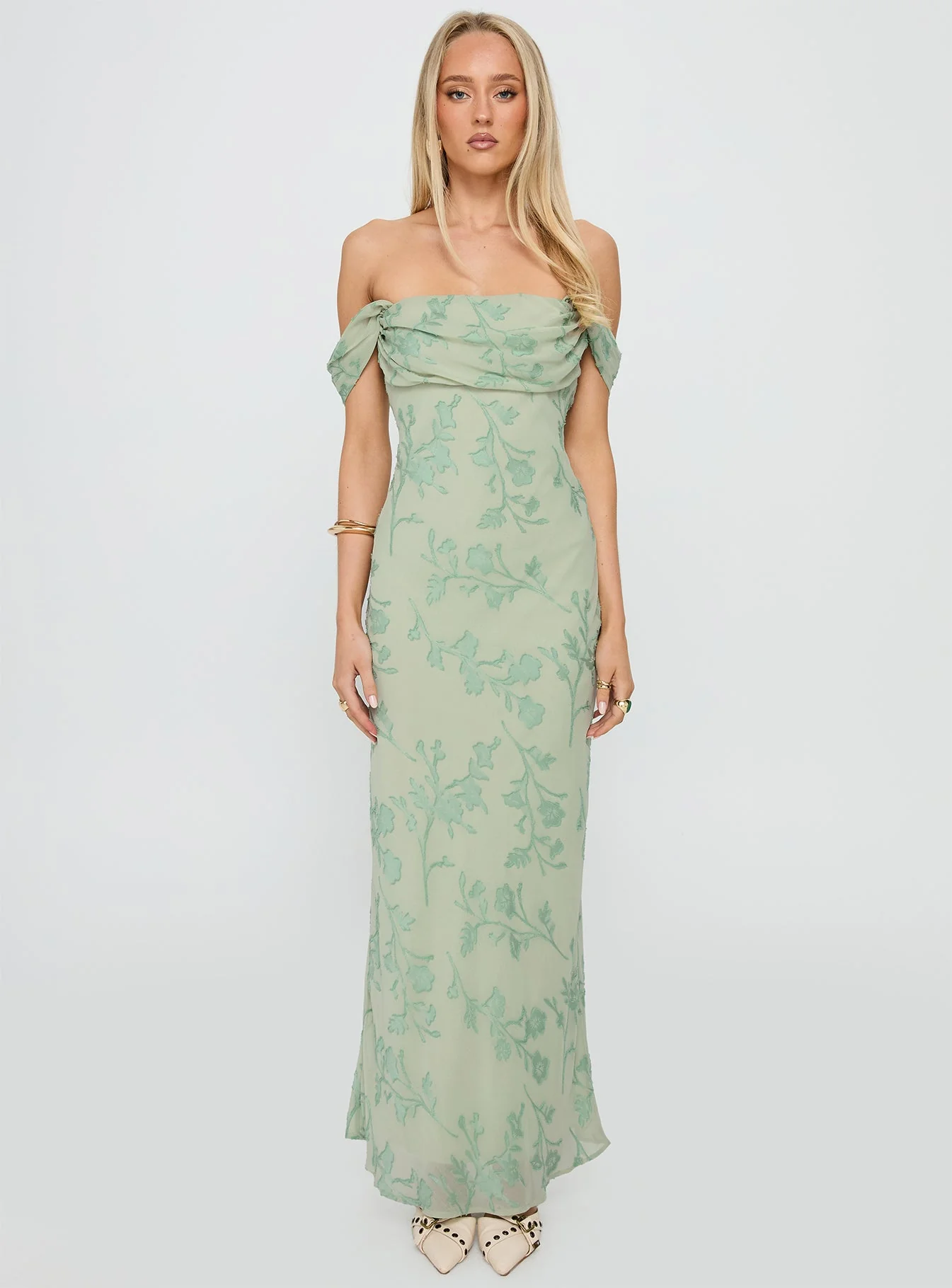 Azura Off The Shoulder Maxi Dress Green Burnout - Image 7