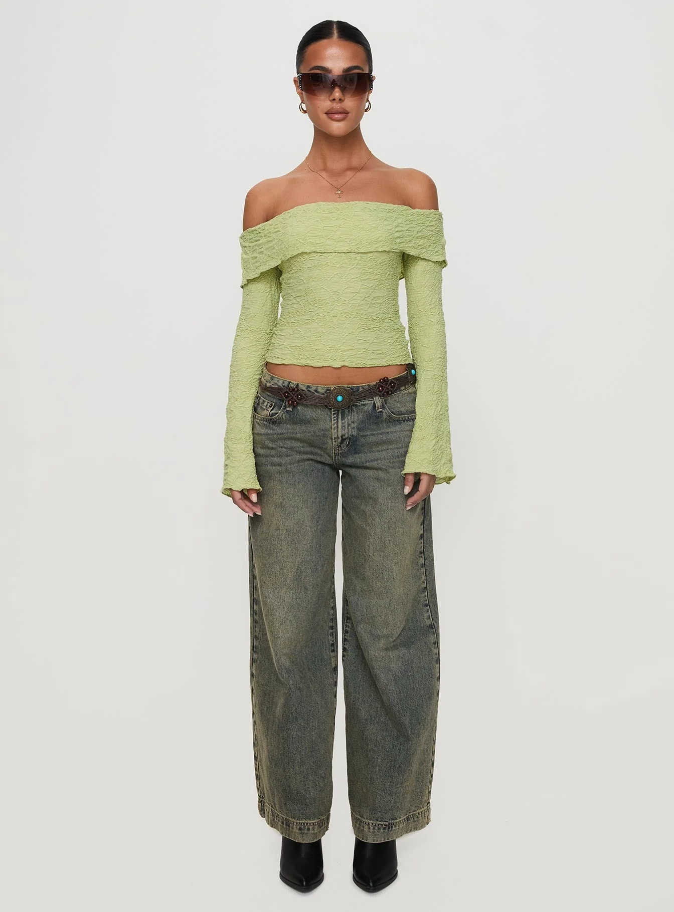 Back With Love Off Shoulder Long Sleeve Top Green - Image 7