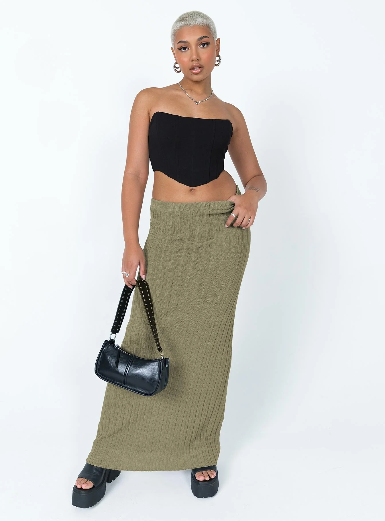Belle Knit Maxi Skirt Khaki - Image 2