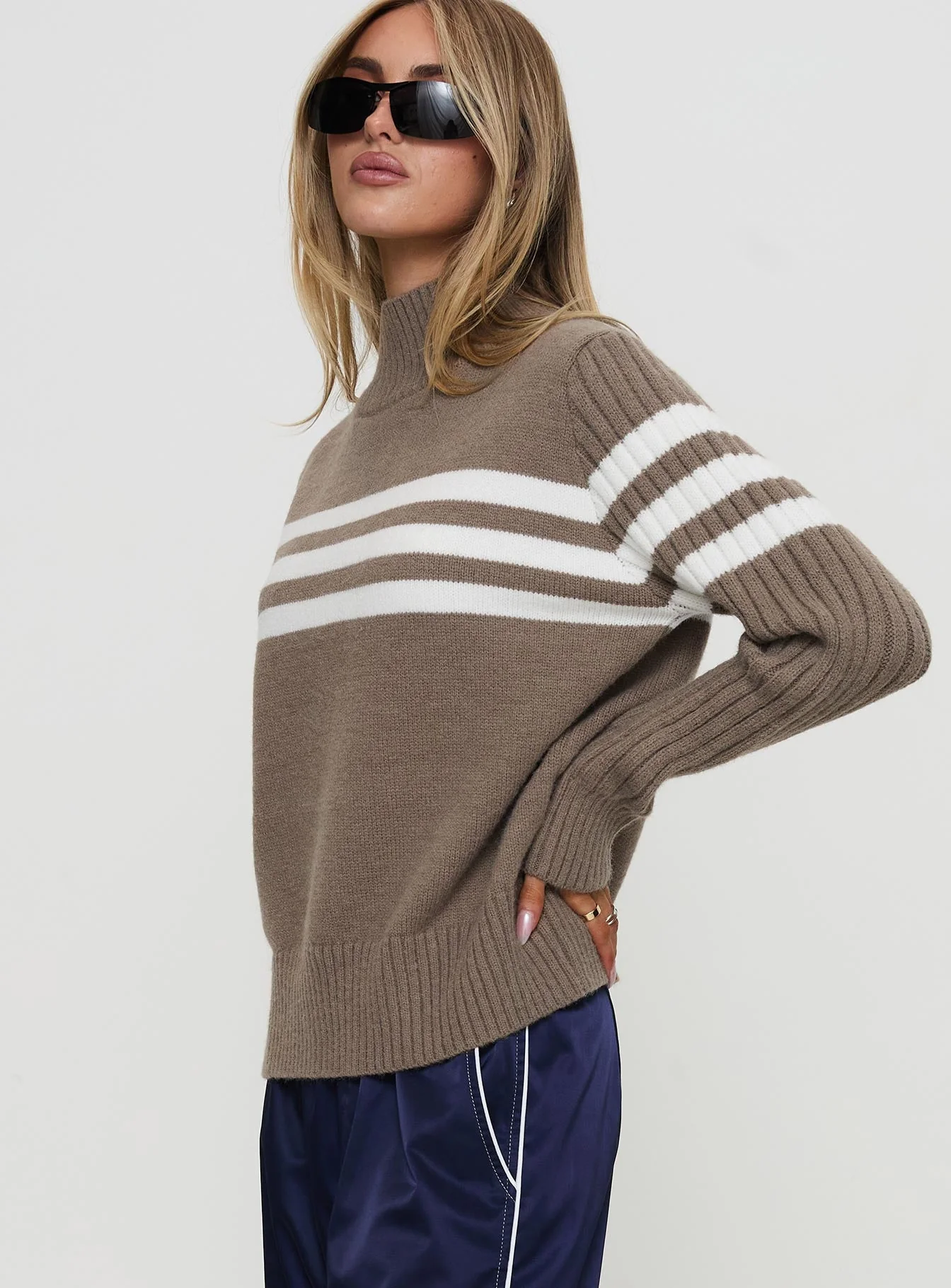 Bessemer Funnel Neck Knit Sweater Mocha Stripe - Image 3