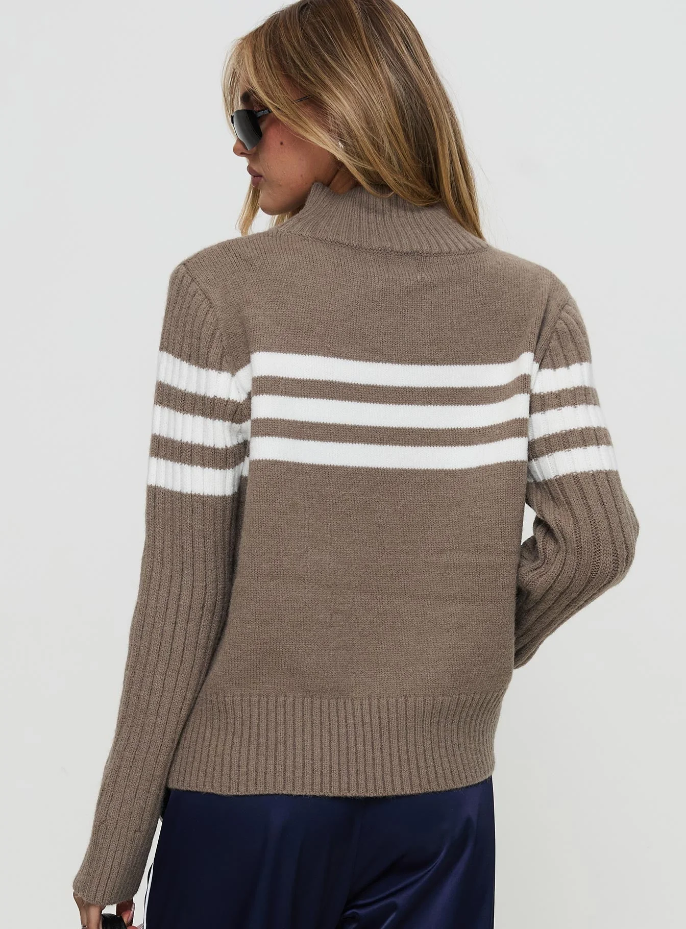Bessemer Funnel Neck Knit Sweater Mocha Stripe - Image 4