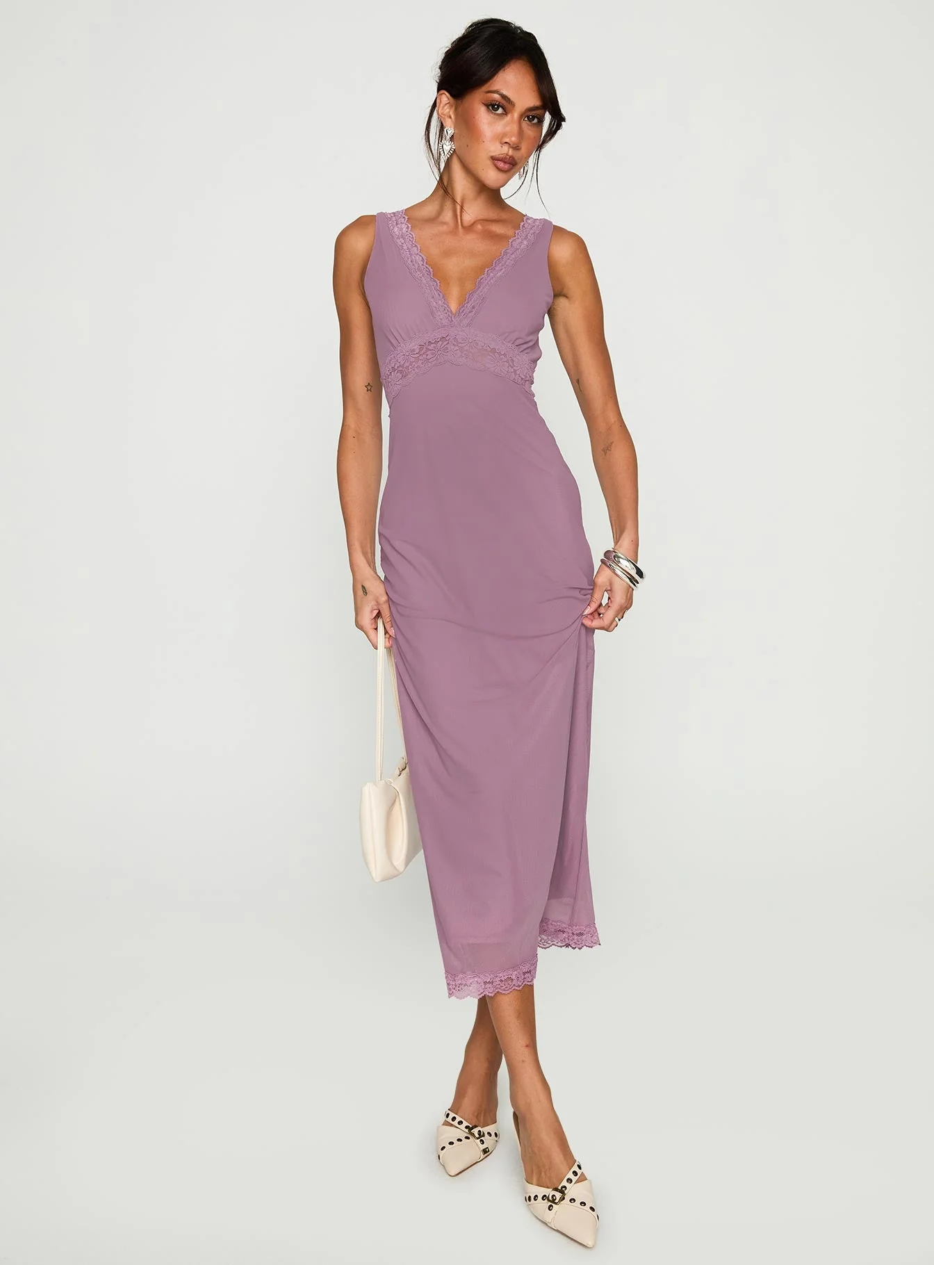 Between The Lines Lace Trim Maxi Dress Purple - Image 2