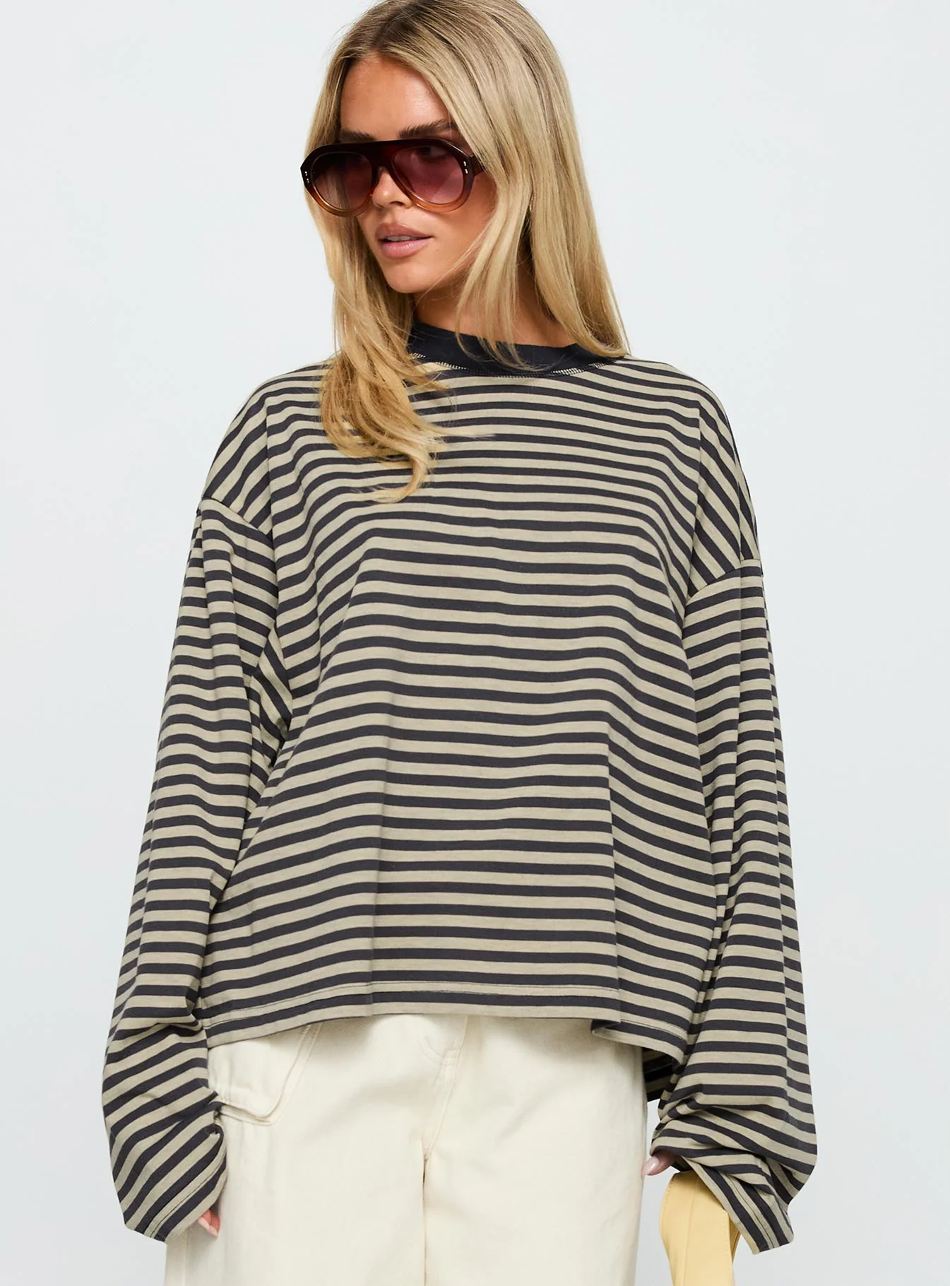 Bloom Long Sleeve Top Beige Stripe - Image 2