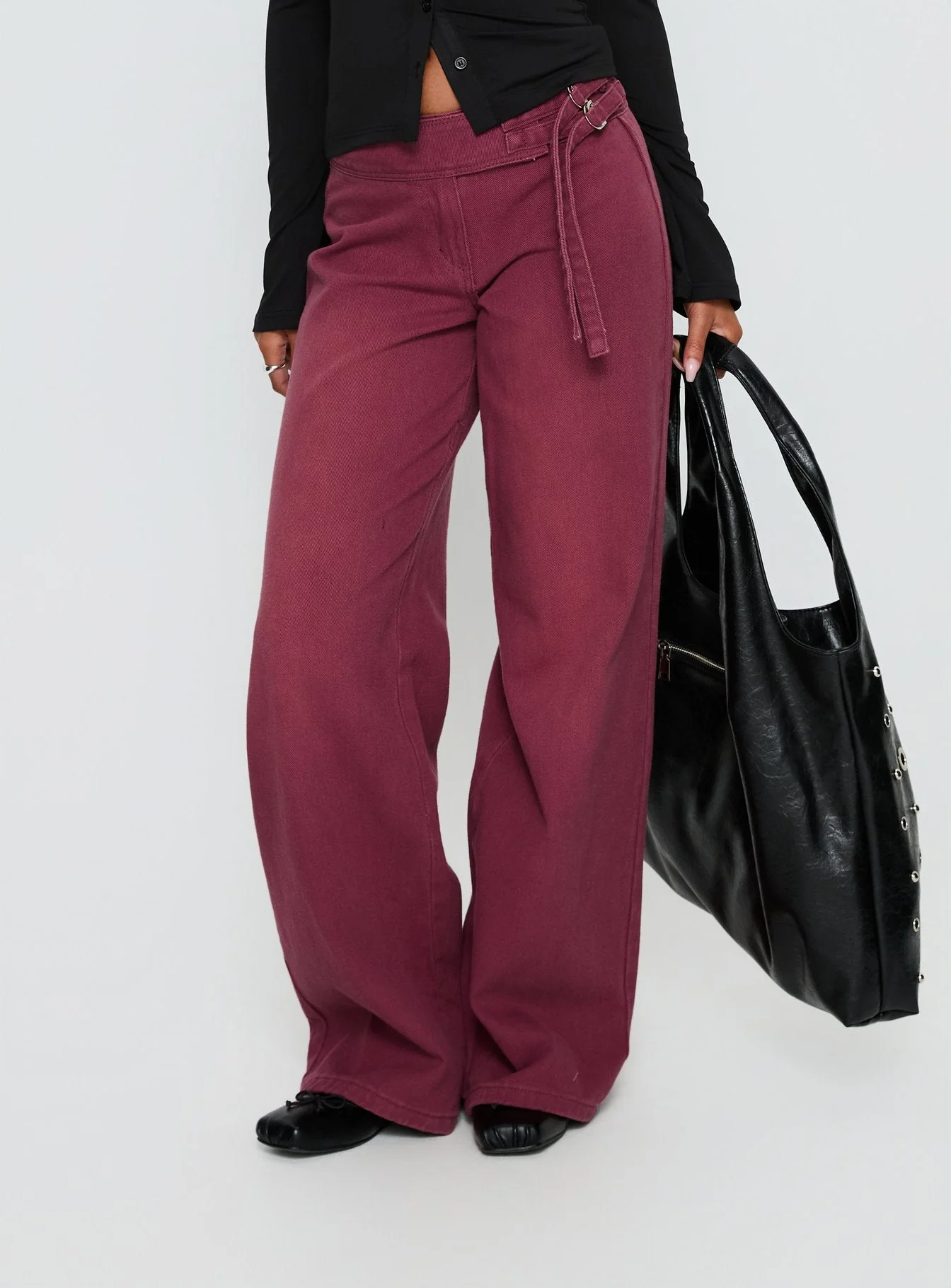 Boxie Mid Rise Wide Leg Jeans Washed Burgundy - Image 2