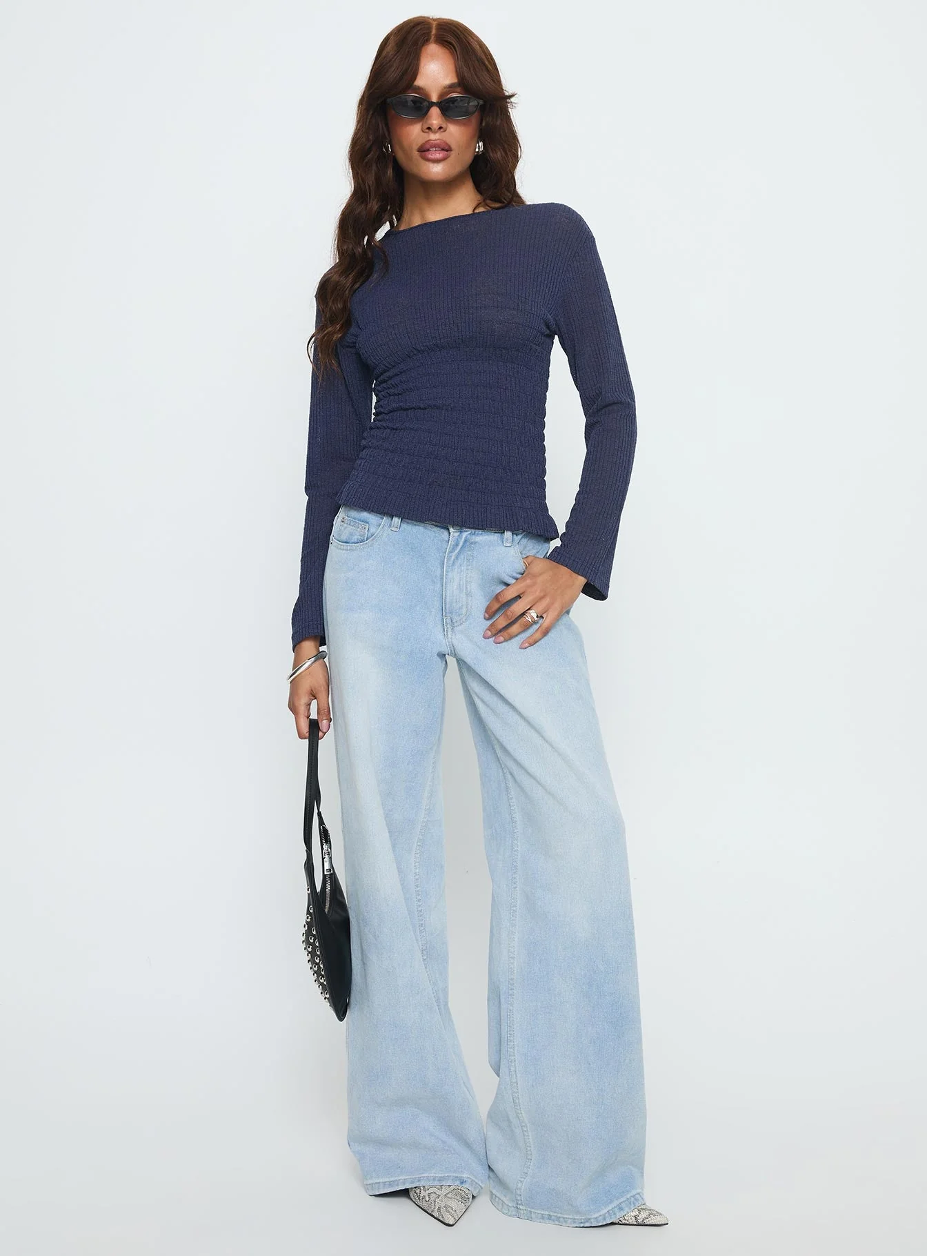Bradly Shirred Long Sleeve Top Navy - Image 3