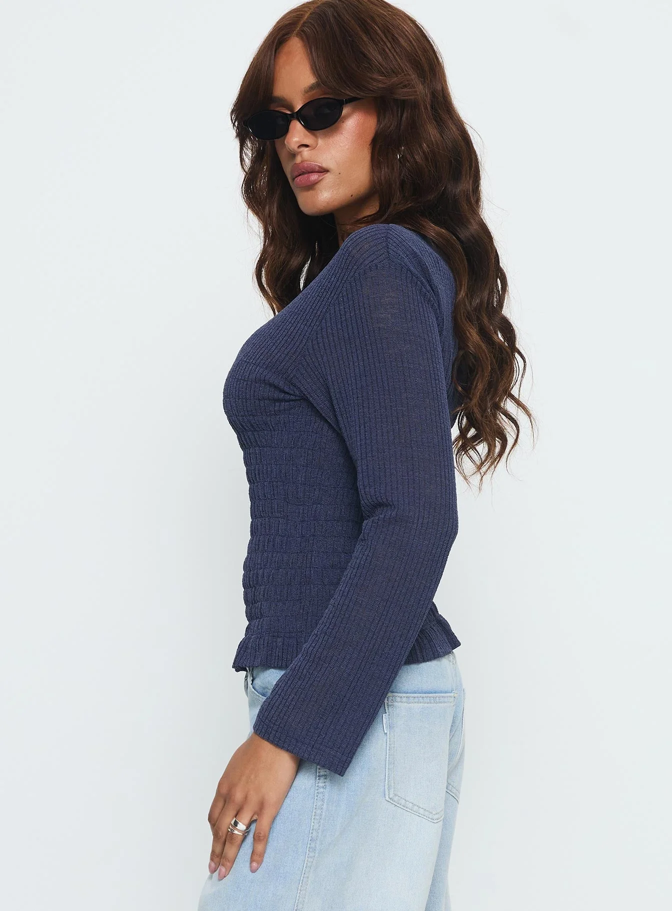 Bradly Shirred Long Sleeve Top Navy - Image 4