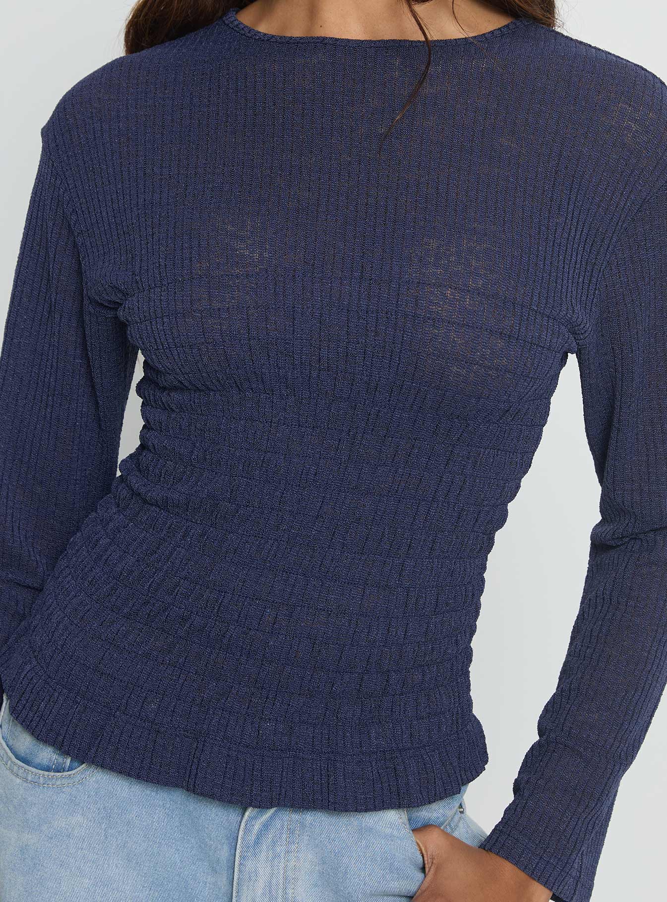 Bradly Shirred Long Sleeve Top Navy - Image 6