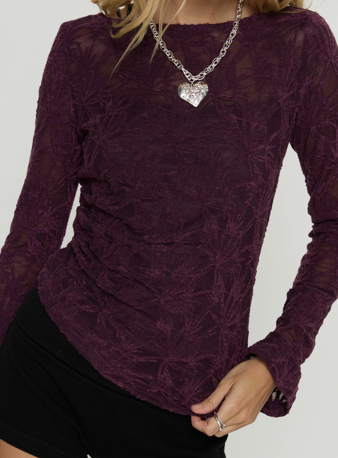 Branna Ruched Lace Long Sleeve Top Plum - Image 5
